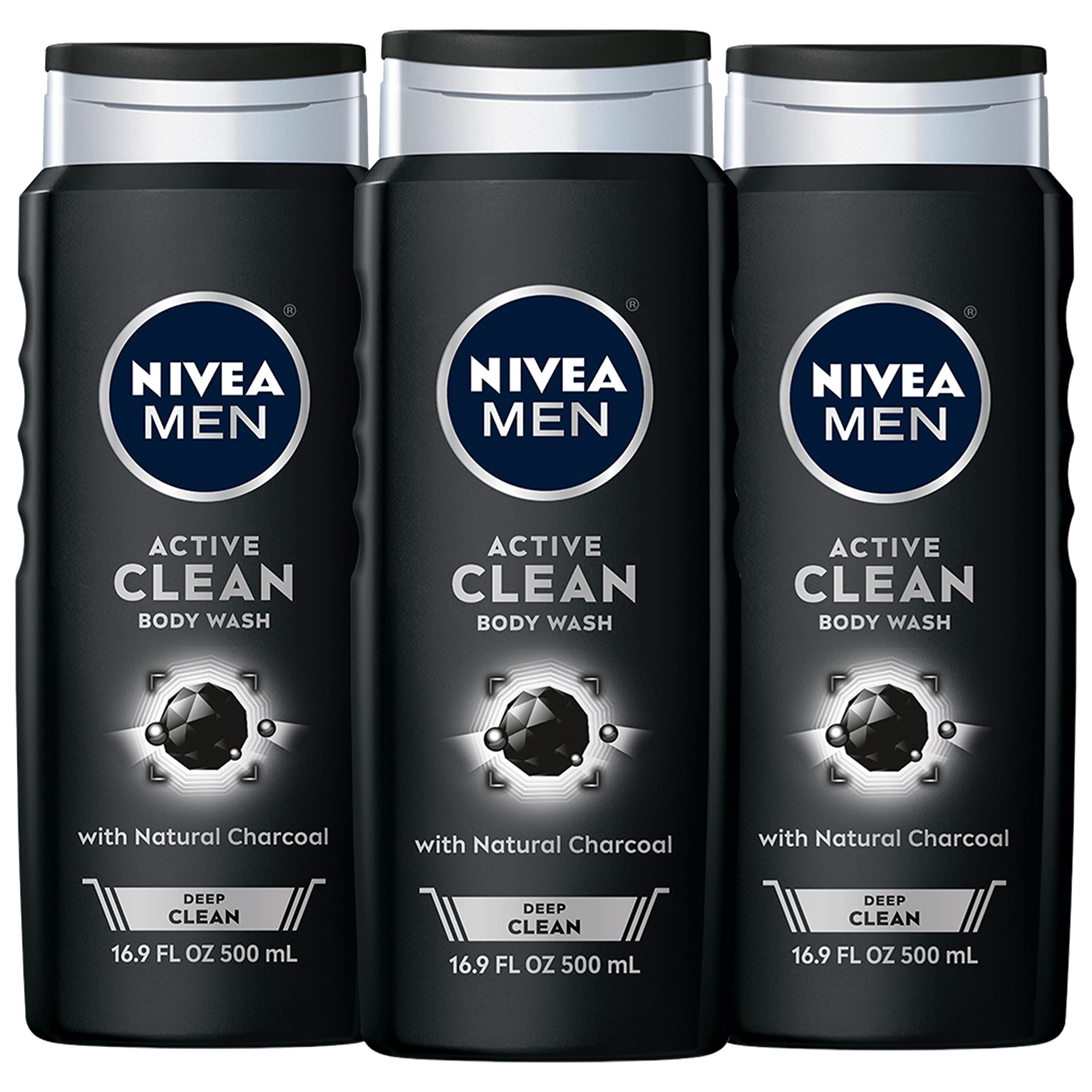 NIVEA Men DEEP Active Clean Body Wash - 8-hour Fresh Scent with Natural Charcoal - 16.9 fl. oz. Bottle (Pack of 3)