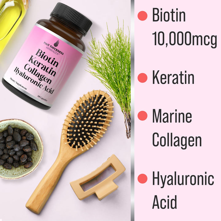 Biotin + Keratin + Marine Collagen + Hyaluronic Acid, 4-in-1 Hair Growth Vitamins with 10000mcg Biotin Capsules, Thickening Complex for Women & Men with Hair Thinning