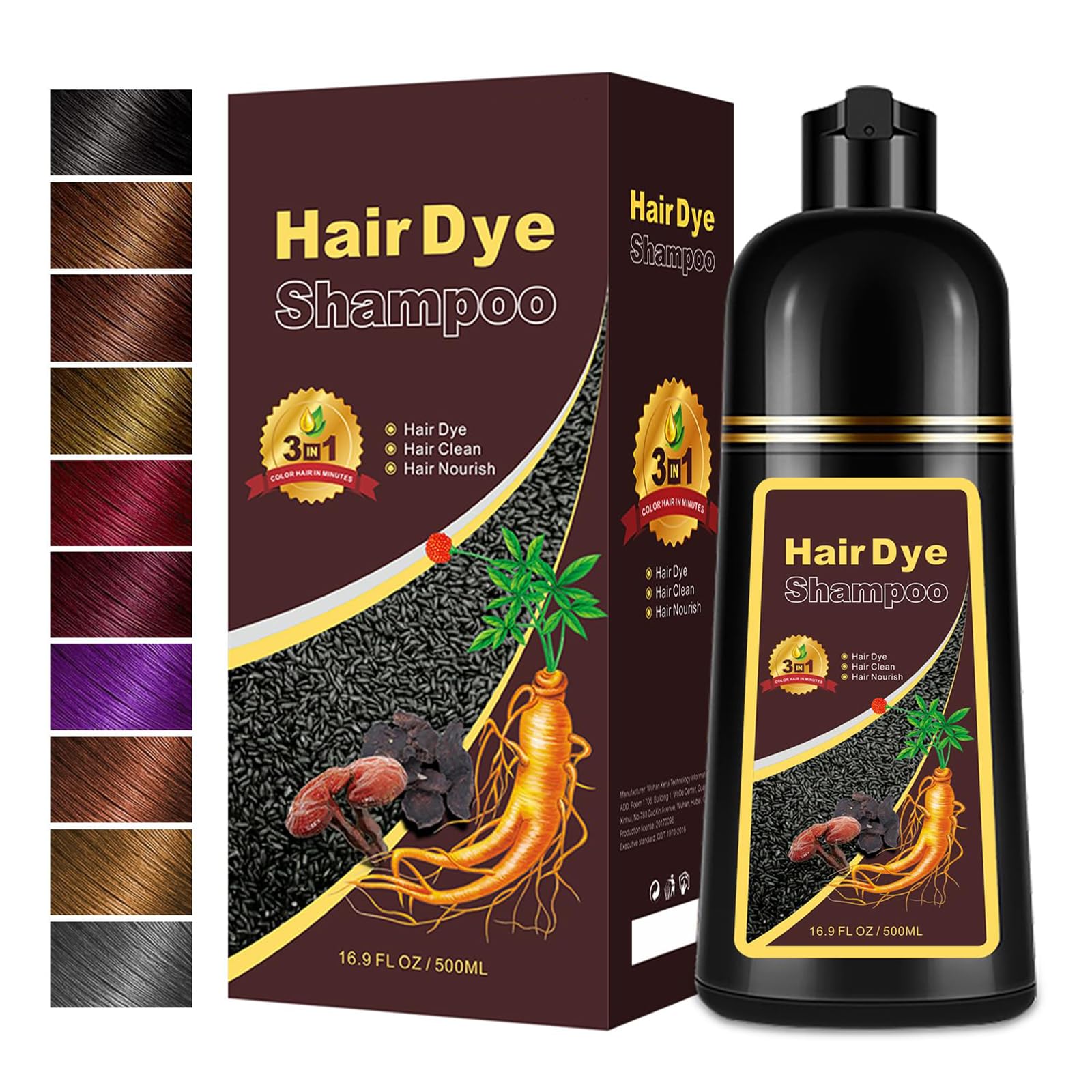 Hair Dye Shampoo 3 in 1, Long-Lasting Gray Coverage, Natural Black Hair Dye Hair Color Shampoo with Herbal Ingredients, Easy Application Shampoo Para Canas for Women Men 16.9 Fl Oz