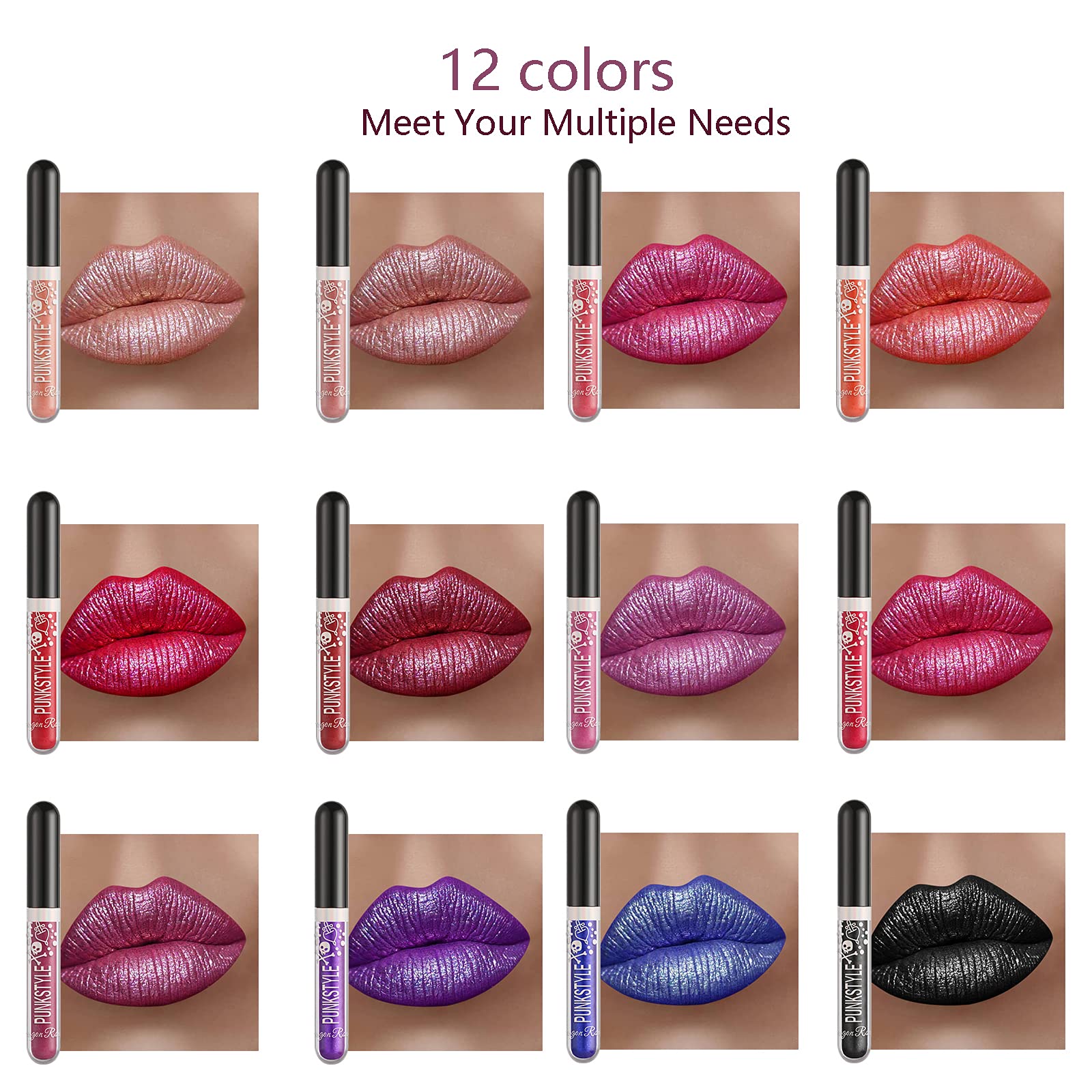 Gireatick 12 Colors Glitter Lip Gloss Set, 12Pcs Diamond Shimmer Metallic Liquid Lipstick Set, Long Lasting Waterproof Non-stick Cup Lip Gloss Glow Cosmetic Kit