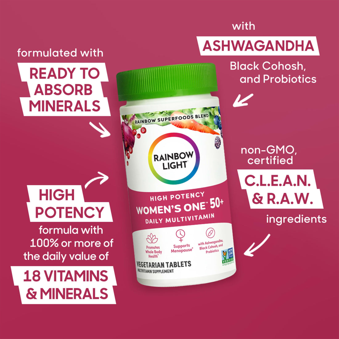 Rainbow Light Multivitamin for Women 50+, Vitamin C, D & Zinc, Probiotics, Women’s One 50+ Multivitamin Provides High Potency Immune Support, Non-GMO, Vegetarian, 150 Tablets