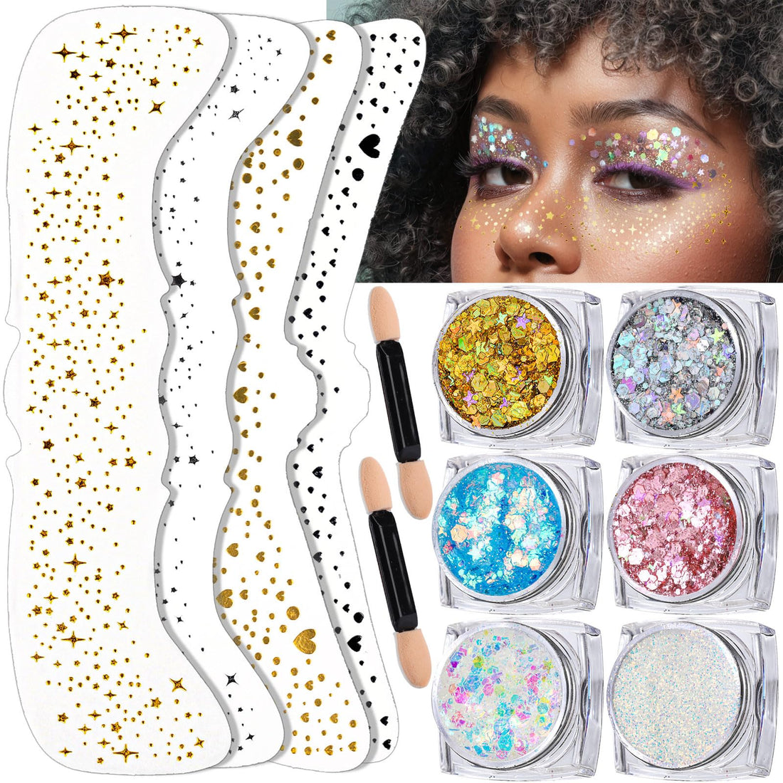 FANDAMEI 6 Colors Face Glitter Gel+ 4PCS Glitter Freckles. Body Hair Glitter. Face Speckles, Makeup Patches.