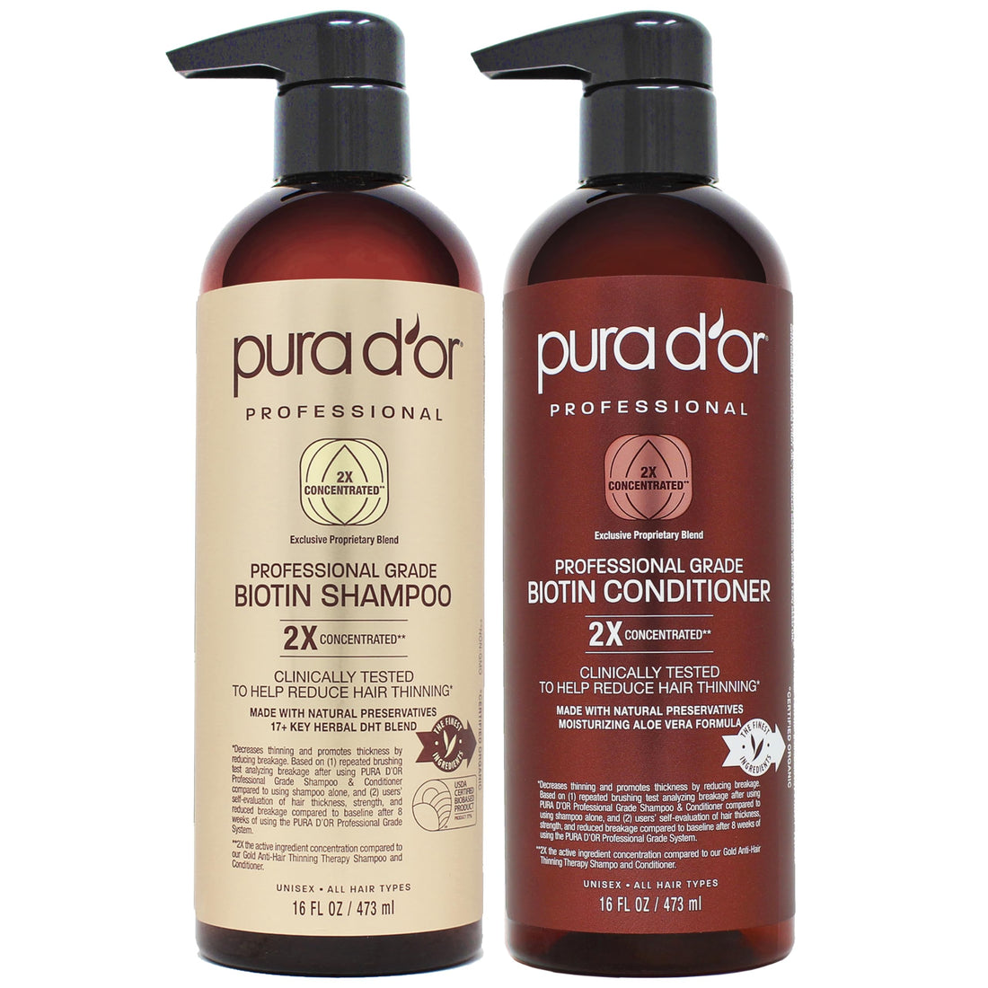 PURA D'OR Professional Grade Anti-Hair Thinning 2X Concentrated Actives Biotin Shampoo & Conditioner (16oz x 2), No Sulfates, Clinically Tested, All Hair Types, Men & Women (Packaging Varies)