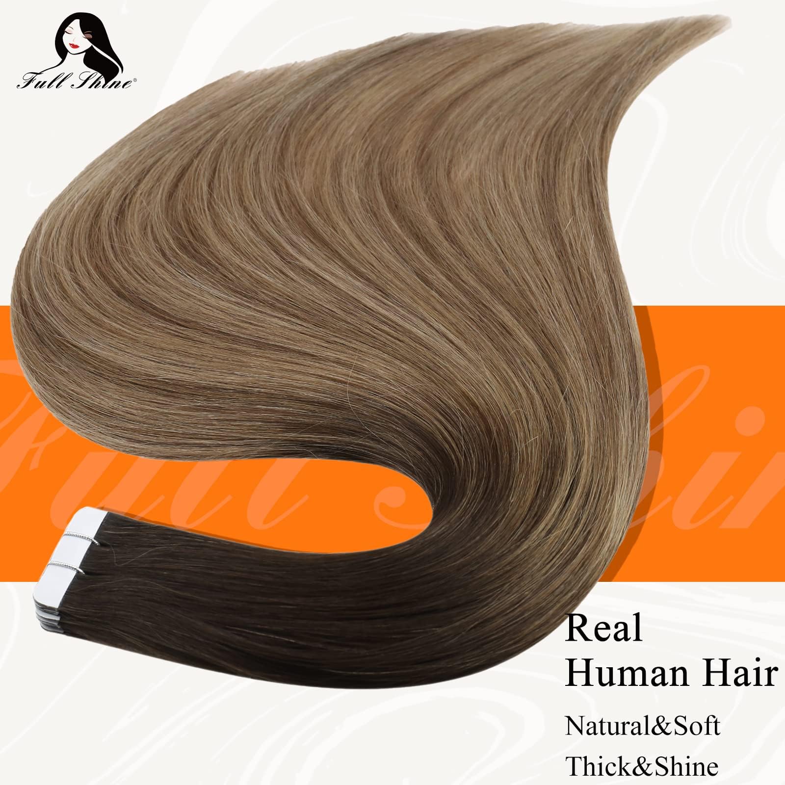 Full Shine 22 Tape in Hair Extensions Human Hair Ombre Balayage Hair Extensions Color #2 Fading to #6 and #18 Ash Blonde Highlighted Extensions Real Hair Glue in Extensions 50g 20Pcs Per Package