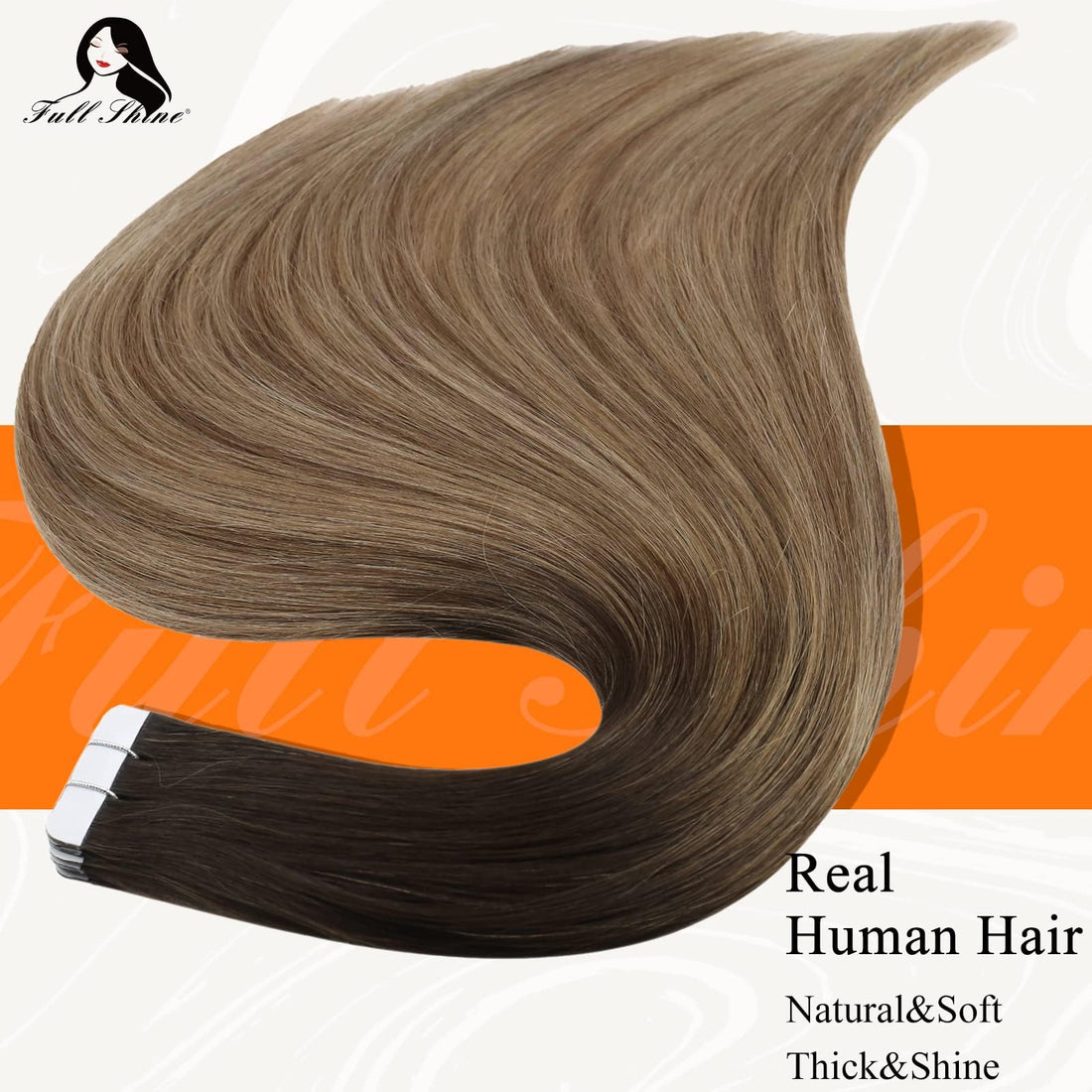 Full Shine 22 Tape in Hair Extensions Human Hair Ombre Balayage Hair Extensions Color #2 Fading to #6 and #18 Ash Blonde Highlighted Extensions Real Hair Glue in Extensions 50g 20Pcs Per Package