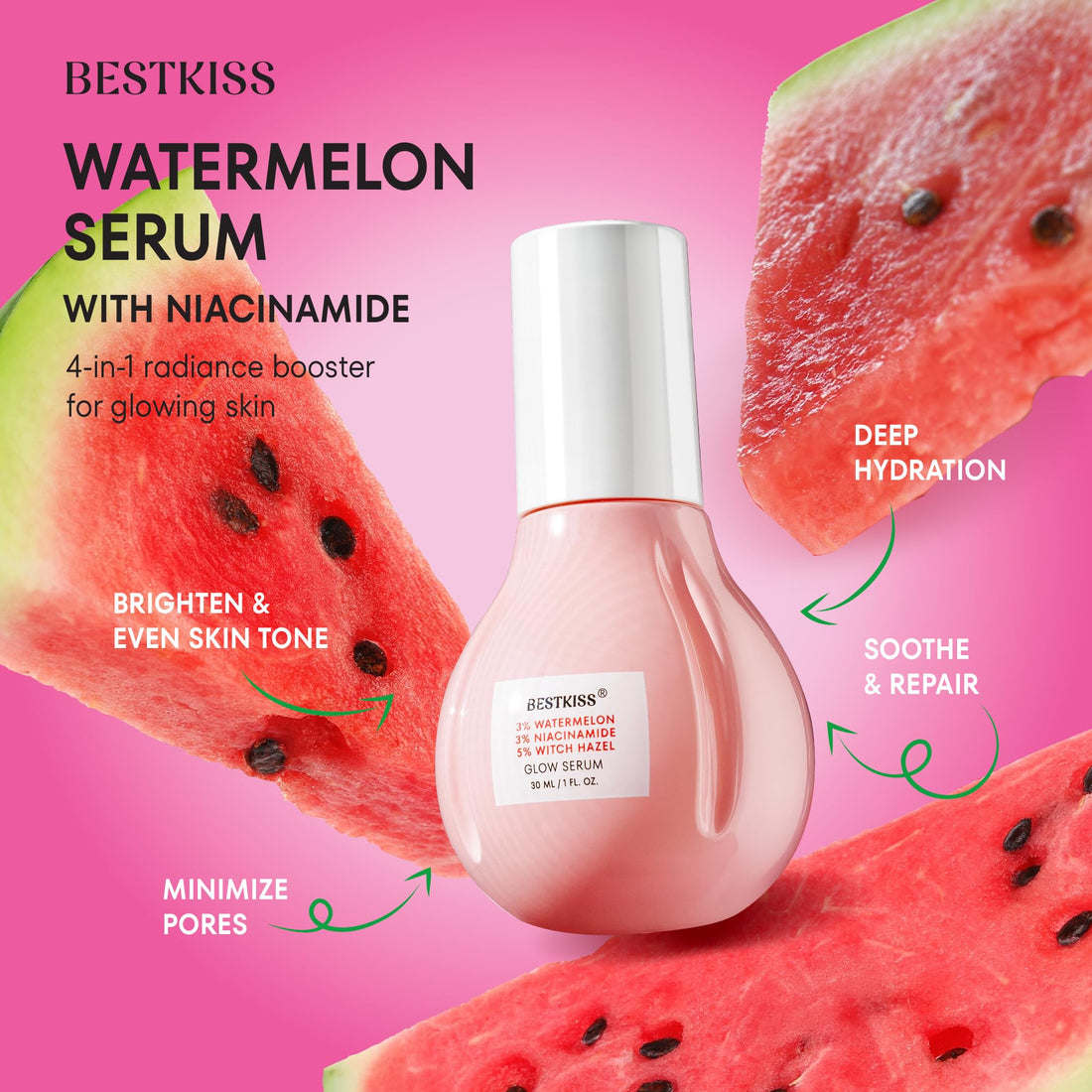 Bestkiss Dark Spot Remover for Face: 3% Watermelon 3% Niacinamide 5% Witch Hazel Dark Spot Correcting Glow Serum with Aloe Vera Centella Asiatica Hyaluronic Acid - Paraben Fragrance Cruelty Free 30mL