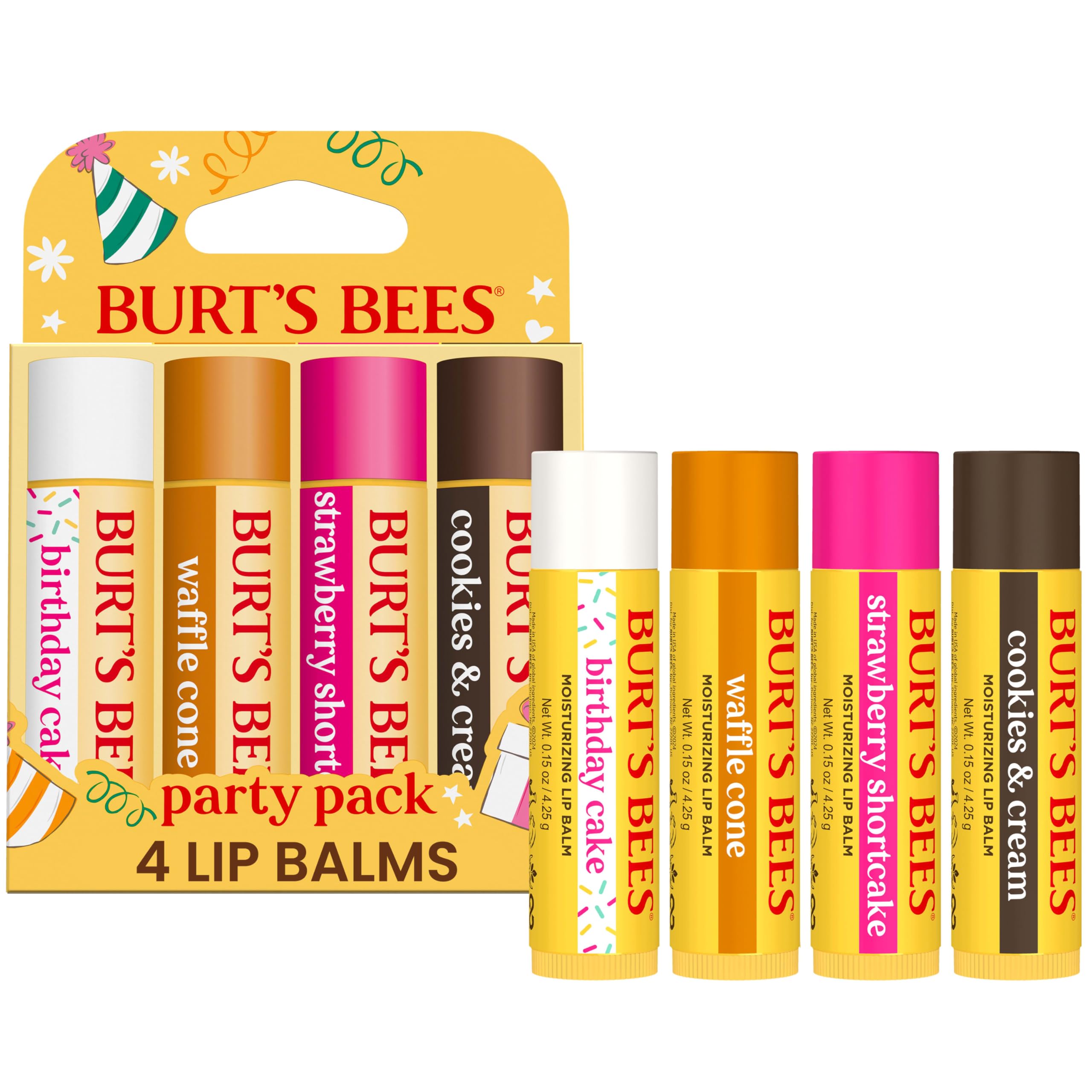 Burt's Bees Lip Balm Party Pack - Birthday Cake, Waffle Cone, Strawberry Shortcake, and Cookies & Cream, All Day Moisturizer, Tint-Free, Natural Origin Conditioning Lip Treatment, 4 Tubes, 0.15 oz.