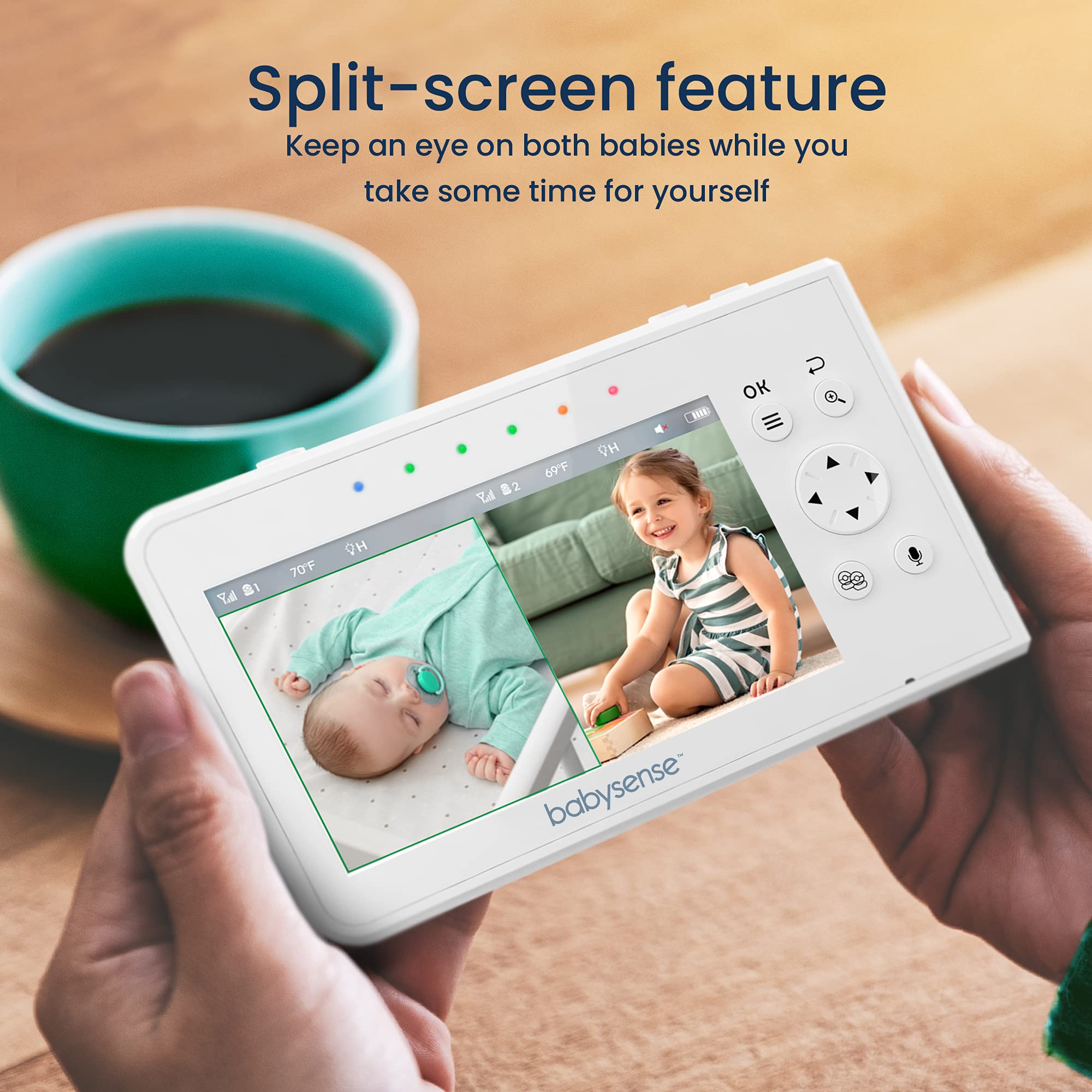 Babysense Baby Monitor with 2 Cameras and Audio 4.3, Non Wifi Baby Monitor, Dual Split Screen, Portable Double Sleep Video Monitoring, Auto Night Vision & Light, Lullabies & White Noise Two-Way Audio