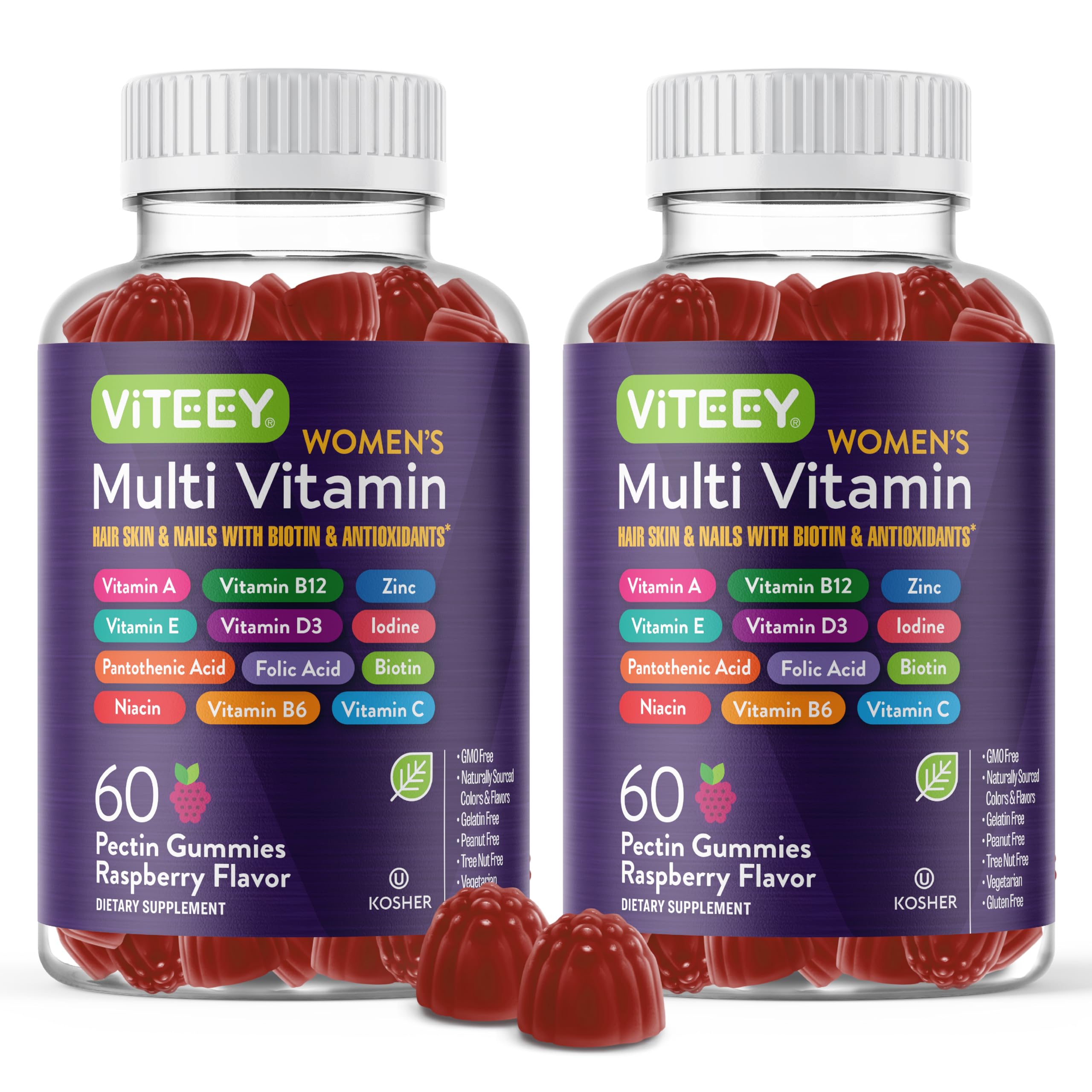 Womens Multivitamin Gummies - Immune Support - 12 in 1 Essential Daily Vitamins & Minerals - Vitamin A, C, D3, E, B6, B12, Folic Acid, Biotin, Calcium, Zinc & More - Vegetarian - Raspberry Flavored