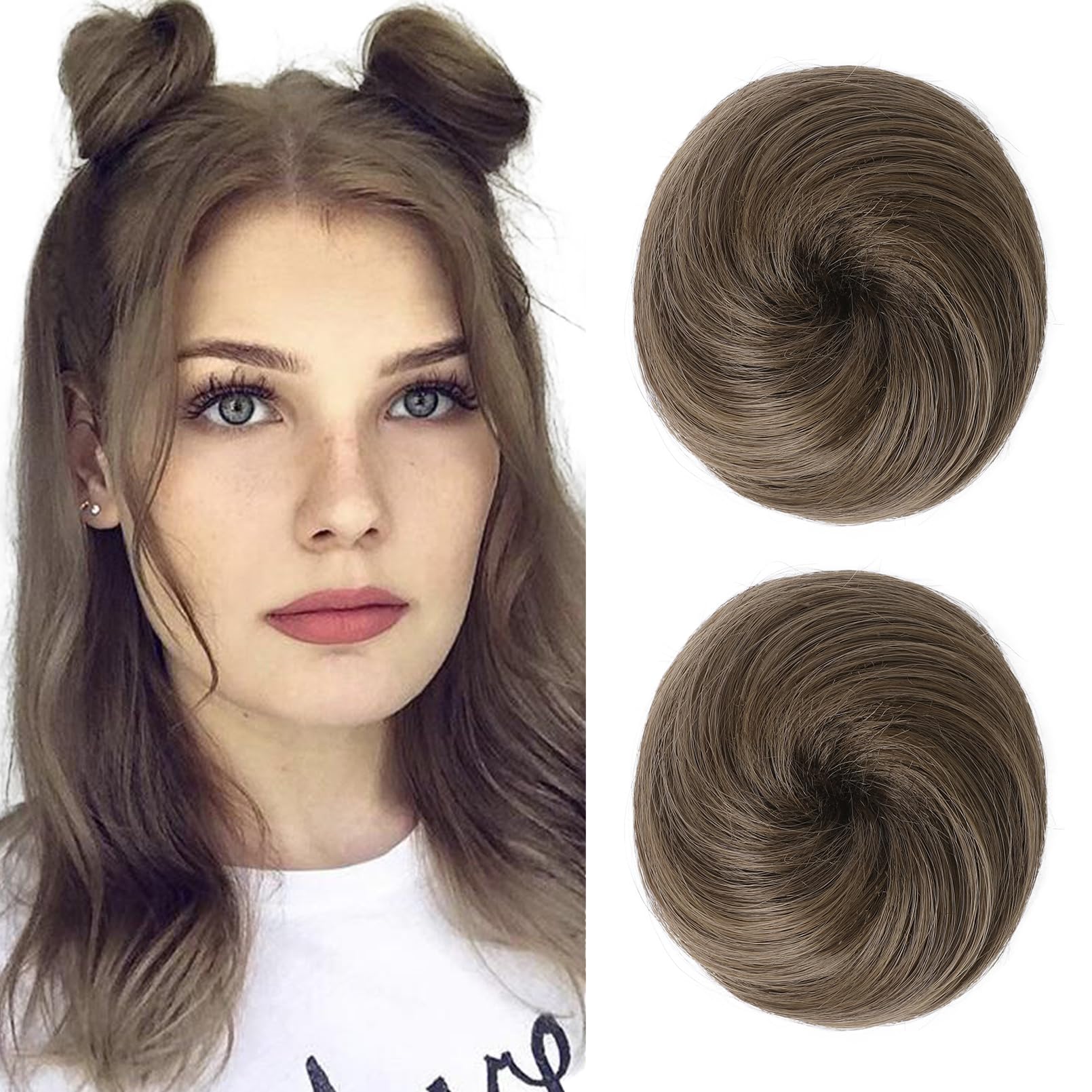 REECHO 2 PCS Mini Claw Clip in Messy & Cat Ears Hair Bun Extensions HB001 Wig Accessory Updo Hairpieces for Women Girls (Pack of 2-3 Straight, Ash Light Brown)