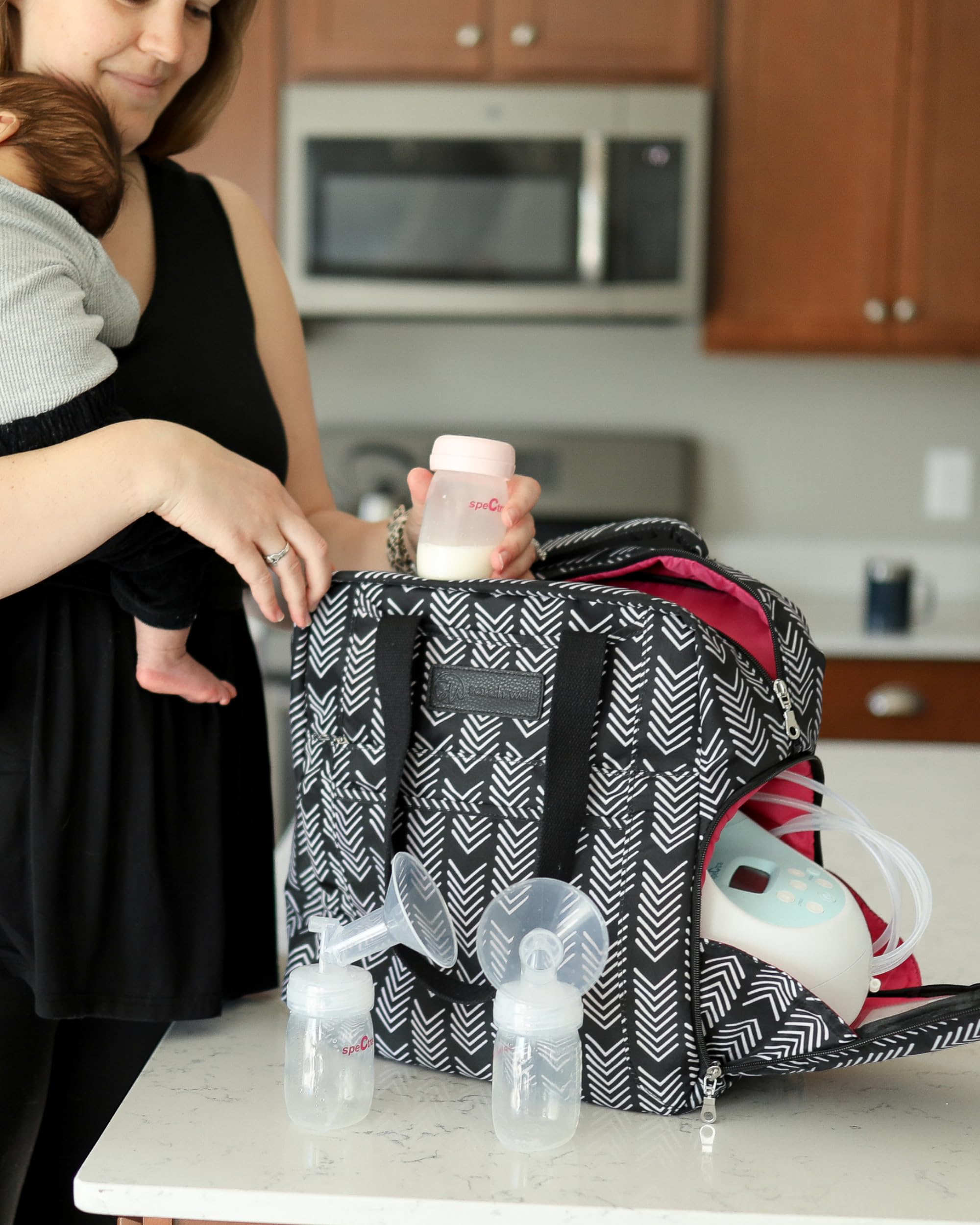 Sarah Wells Kelly Breast Pump Backpack & Tote - Insulated Pocket, Laptop Sleeve & Easy-Clean Design, Fits All Pumps, Diaper Bag for Moms - Black and White