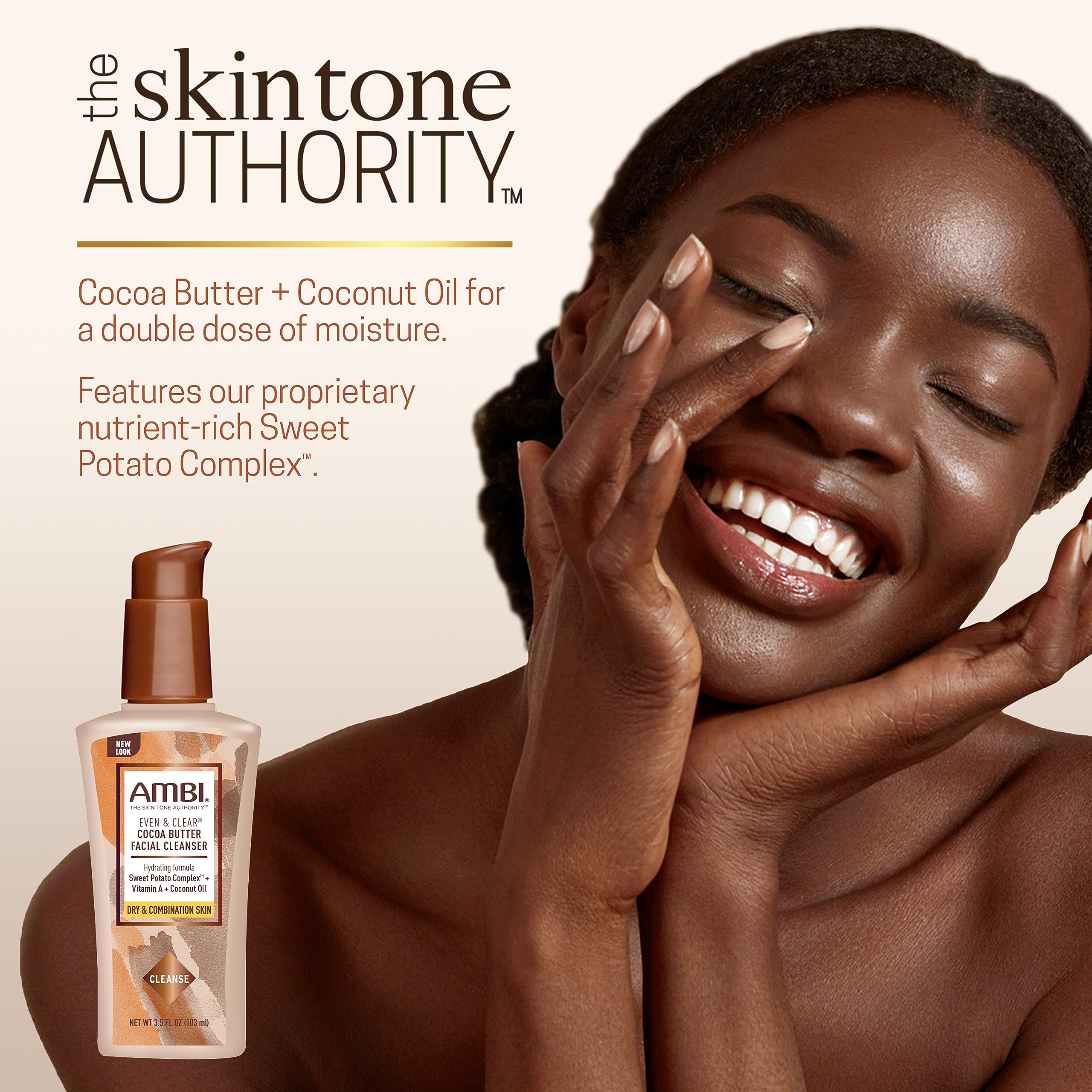 Ambi Even & Clear Cocoa Butter Facial Cleanser With Nutrient-Rich Sweet Potato Complex | Hydrating Formula | Helps Even Skin Tone | 3.5 Ounce