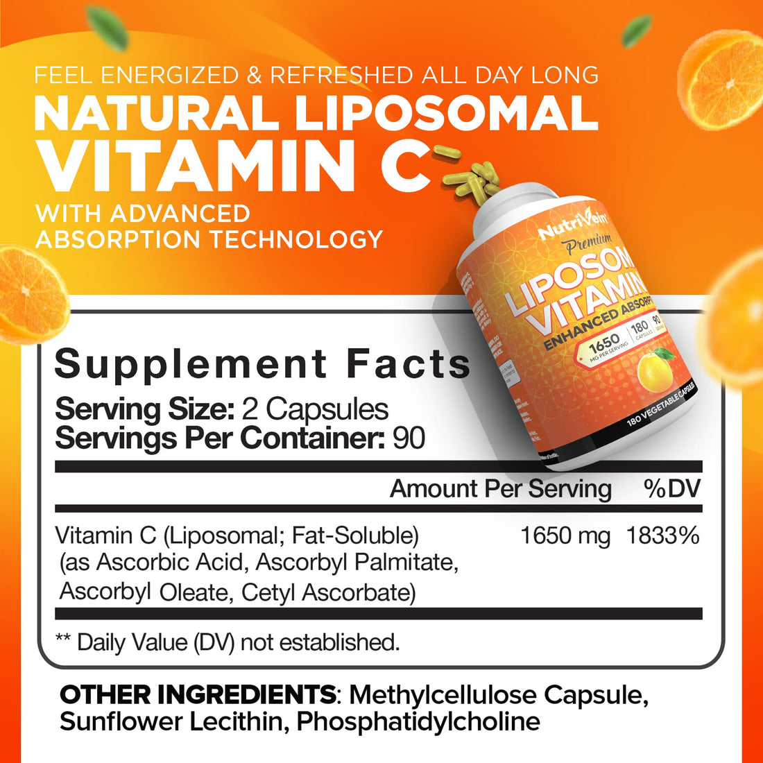Nutrivein Liposomal Vitamin C 1650mg - 180 Capsules - High Absorption Ascorbic Acid - Supports Immune System & Collagen Booster - Powerful Antioxidant