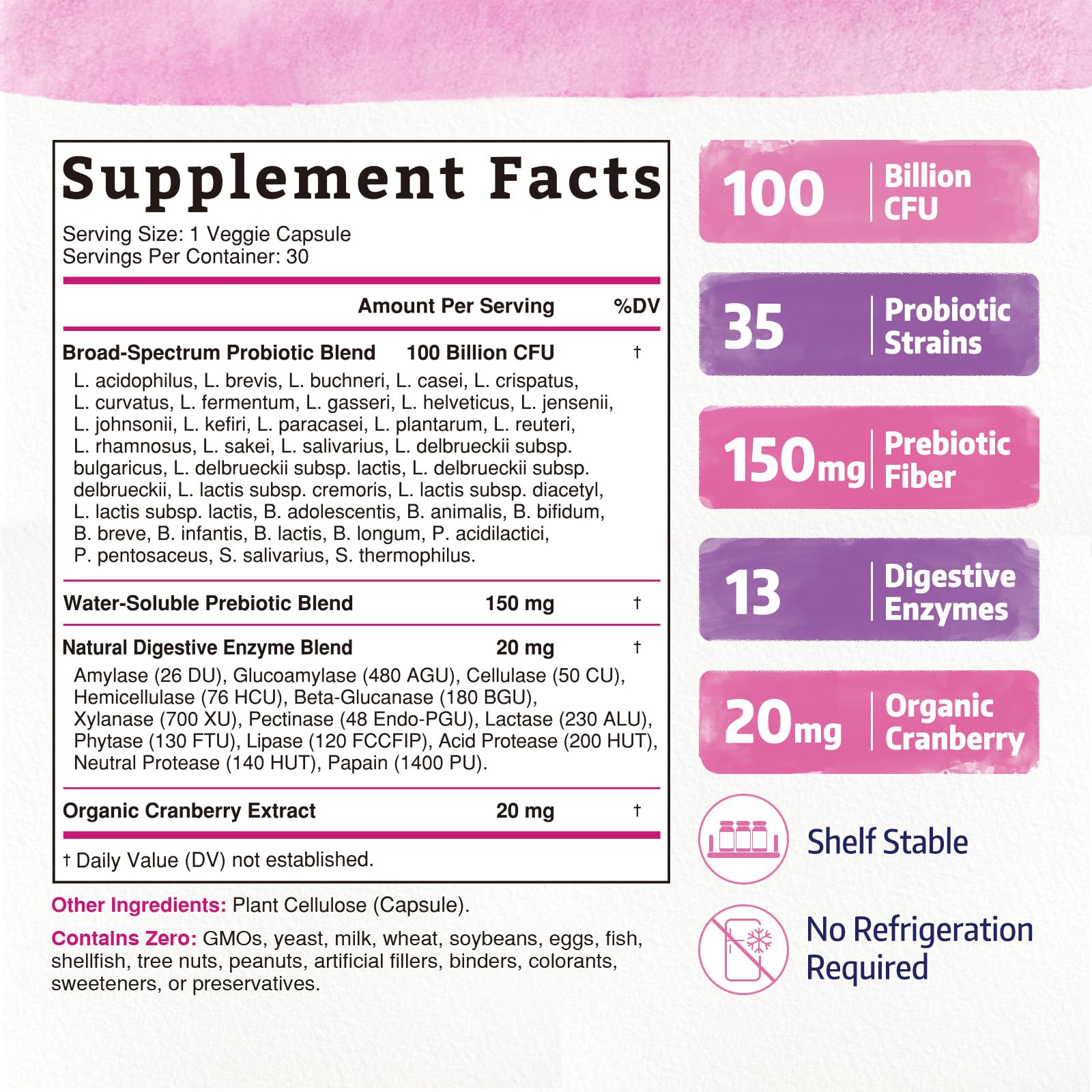 Bonawell Probiotics for Women 100B, with Prebiotics, Digestive Enzymes & Organic Cranberry for Female Vaginal Health, Digestion & Immunity, Shelf-Stable, Delayed-Release, 30 Veggie Caps