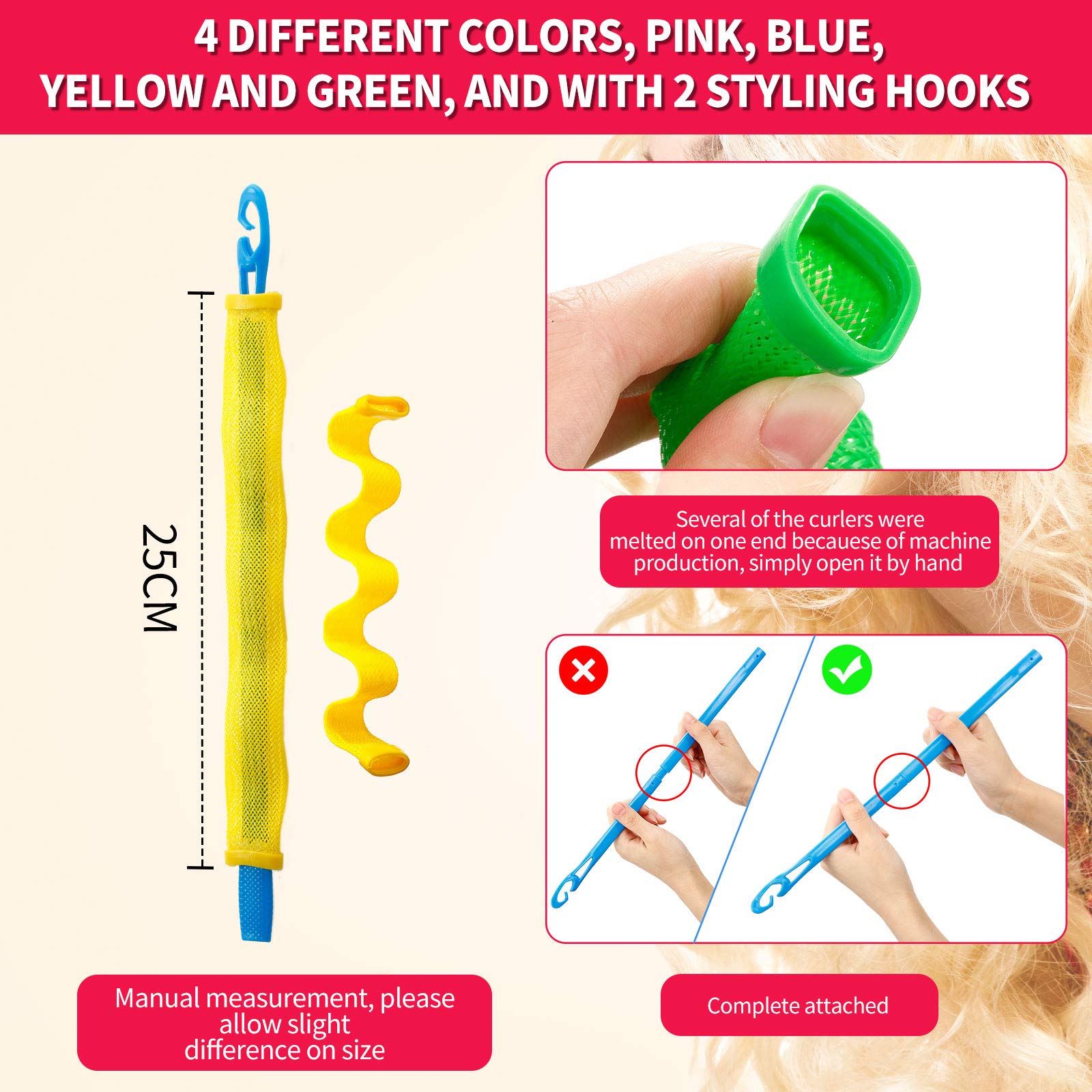 30 Pieces Heatless Hair Waves Curlers Spiral Curls Styling Kit No Heat Hair Curlers Waver Spiral Curlers Hair Rollers with 2 Pieces Styling Hooks for Most Hairstyles (55 cm)