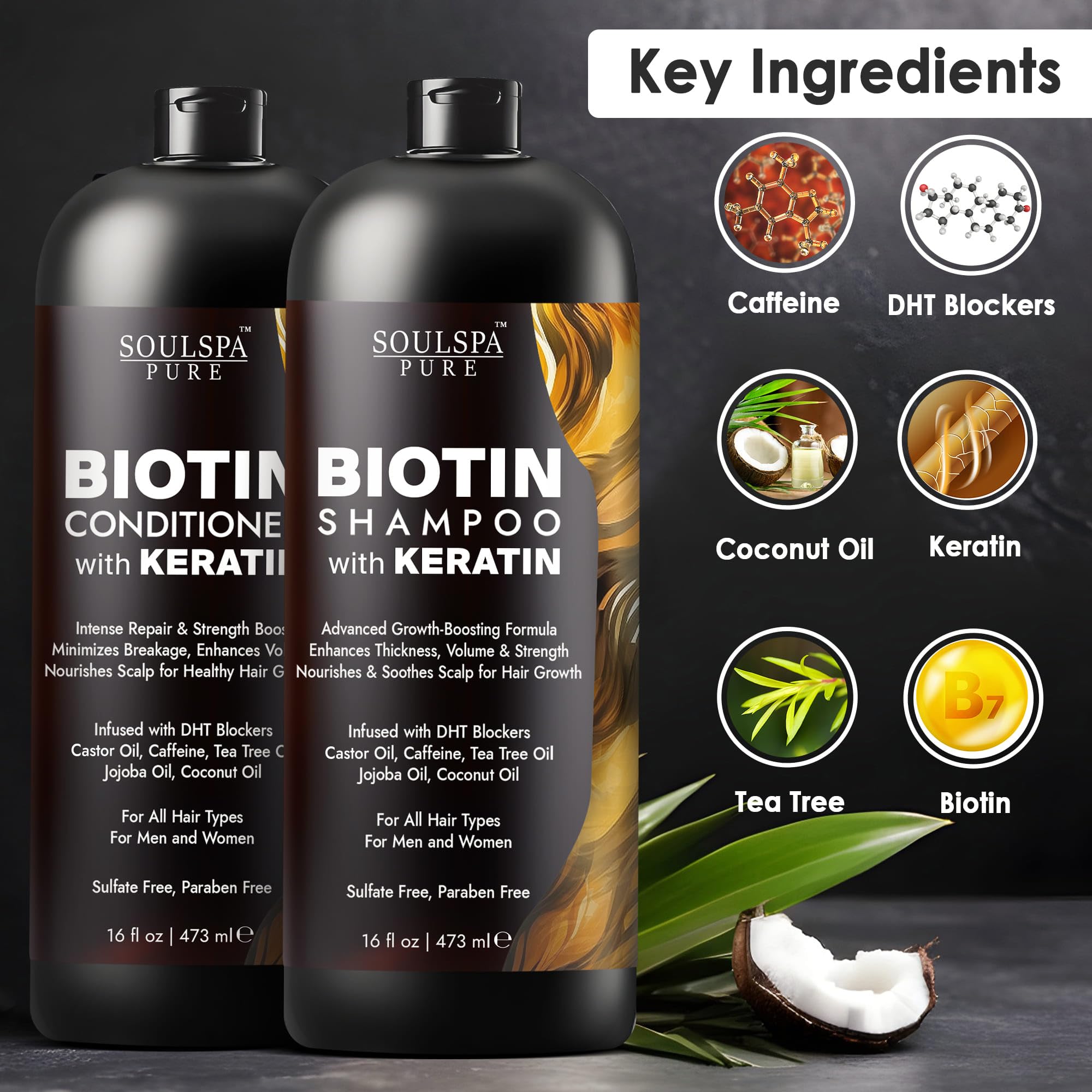Biotin Shampoo and Conditioner Set with Keratin - Sulfate-Free Advanced Anti-Thinning, Hair Growth Shampoo and Conditioner Combo Repair Formula - with DHT Blockers, for Men & Women - 16 fl oz each