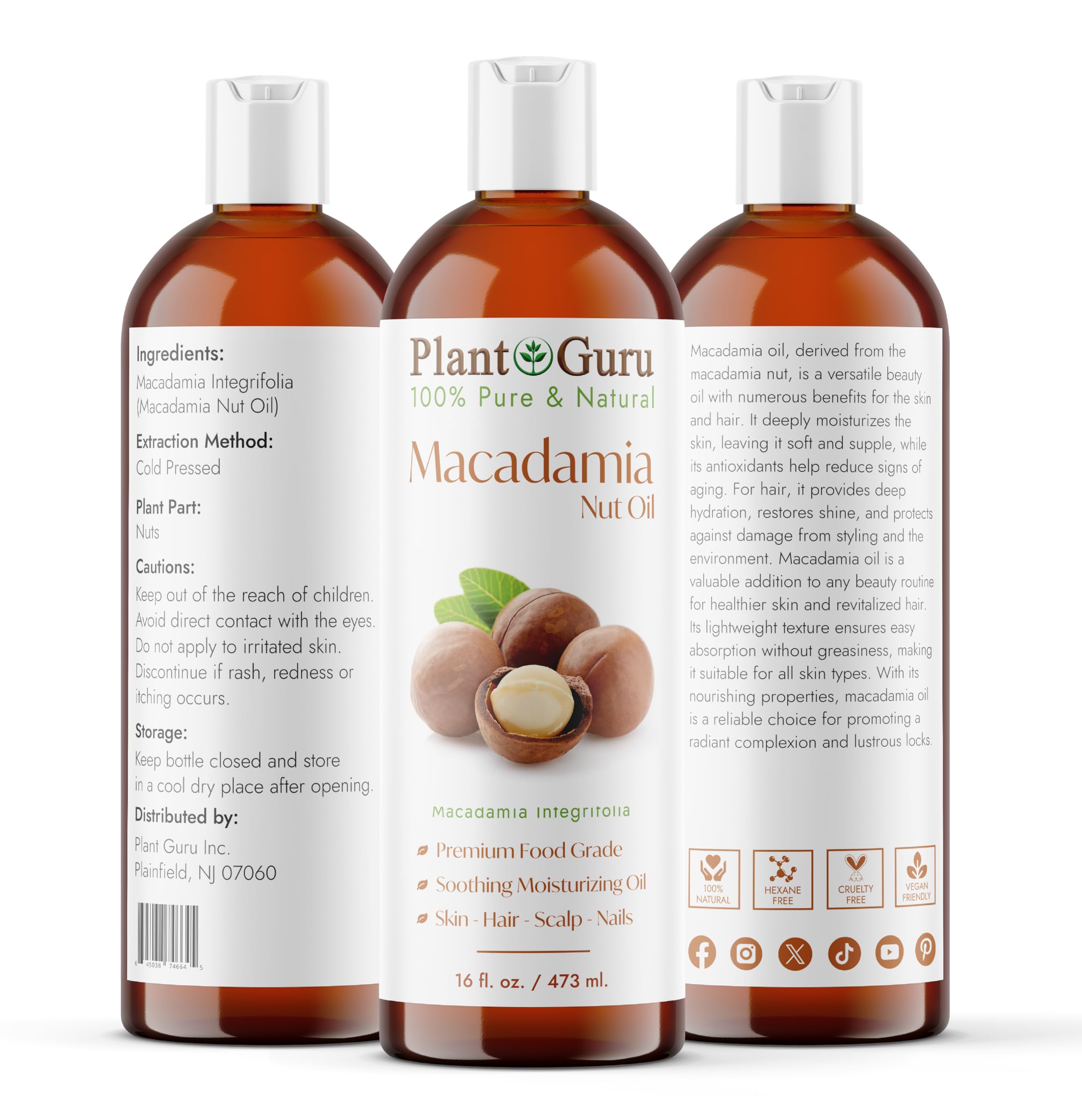 Macadamia Nut Oil 16 fl. oz. Unrefined Cold Pressed 100% Pure Natural - Skin, Hair, Body & Face Moisturizer.