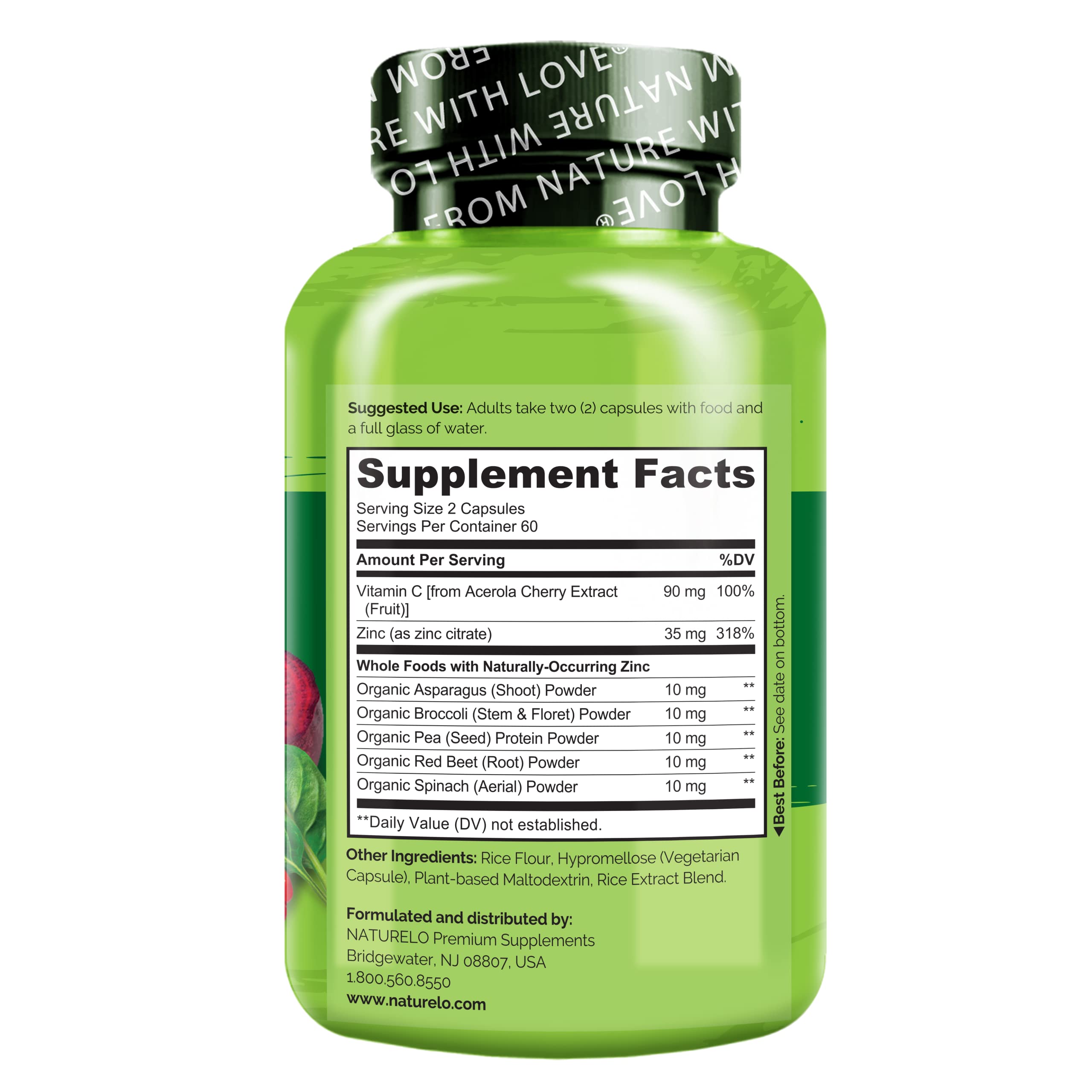 NATURELO Vegan Zinc Immune Support Capsules - Whole Food Complex with Vitamin C for Healthy Skin, Hair, and Nails - 120 Capsules (Pack of 2)