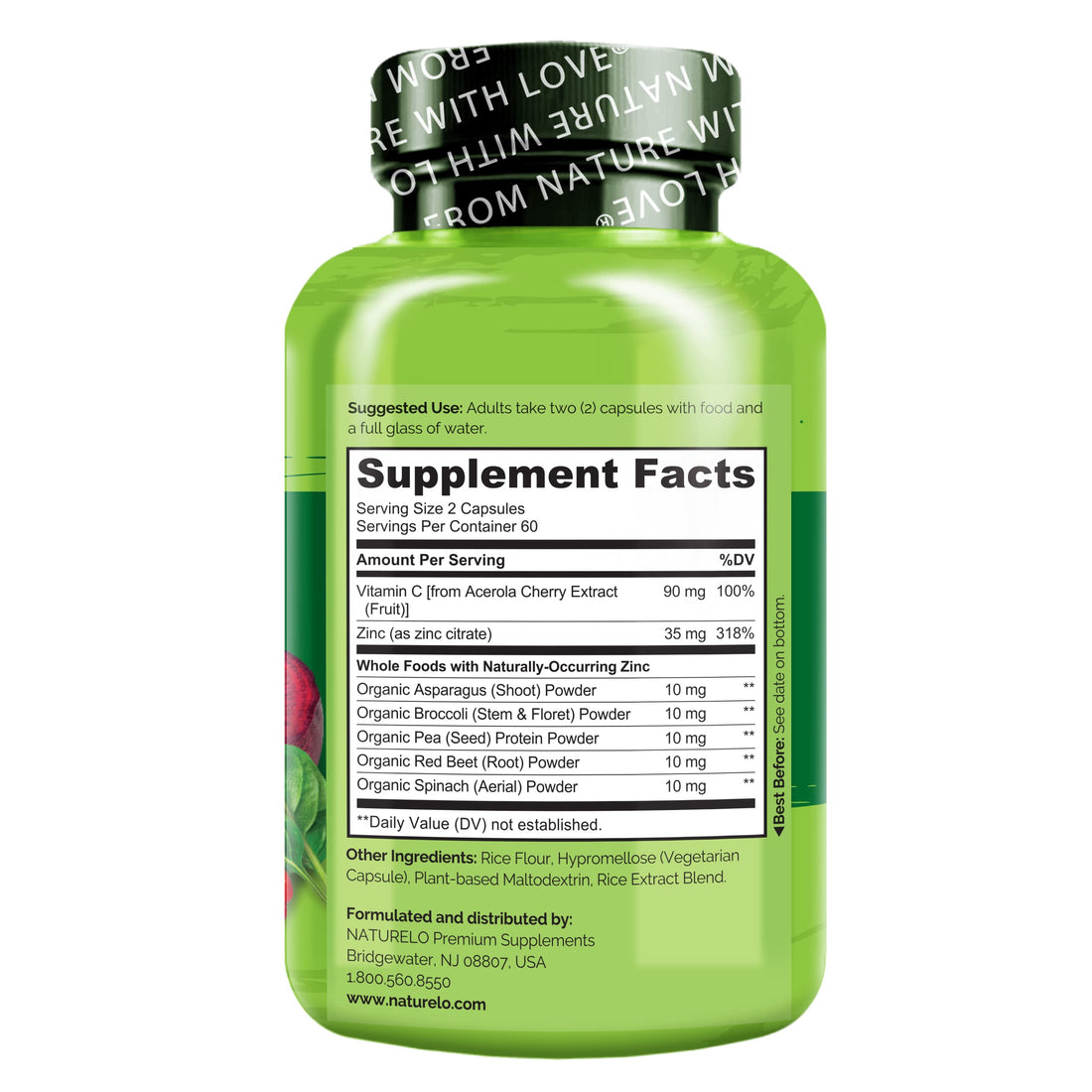 NATURELO Vegan Zinc Immune Support Capsules - Whole Food Complex with Vitamin C for Healthy Skin, Hair, and Nails - 120 Capsules (Pack of 2)