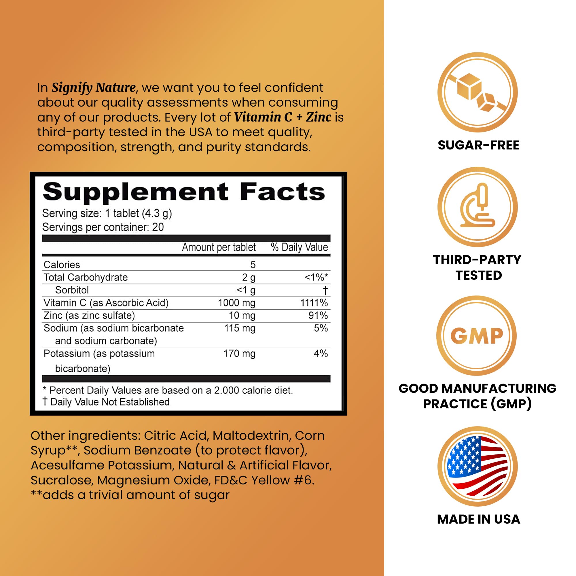 SIGNIFY NATURE Vitamin C 1000mg Effervescent Tablets - Potent Immune Support VIT C with Zinc Supplement - Sugar-Free & Vegan Formula | Dissolvable Vitamin C Tablets - Water Soluble Fizzy Elixir - 20CT