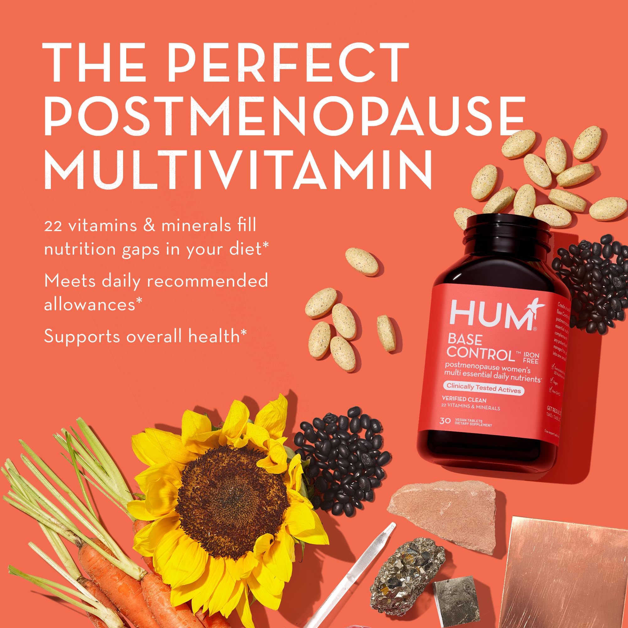 HUM Base Control -Iron Free,Daily Women's Minerals with B Complex, Vitamin C, 22 Micro-Nutrients to Support Postmenopausal Women - Non-GMO, Soy-Free, Gluten-Free (30-Count)