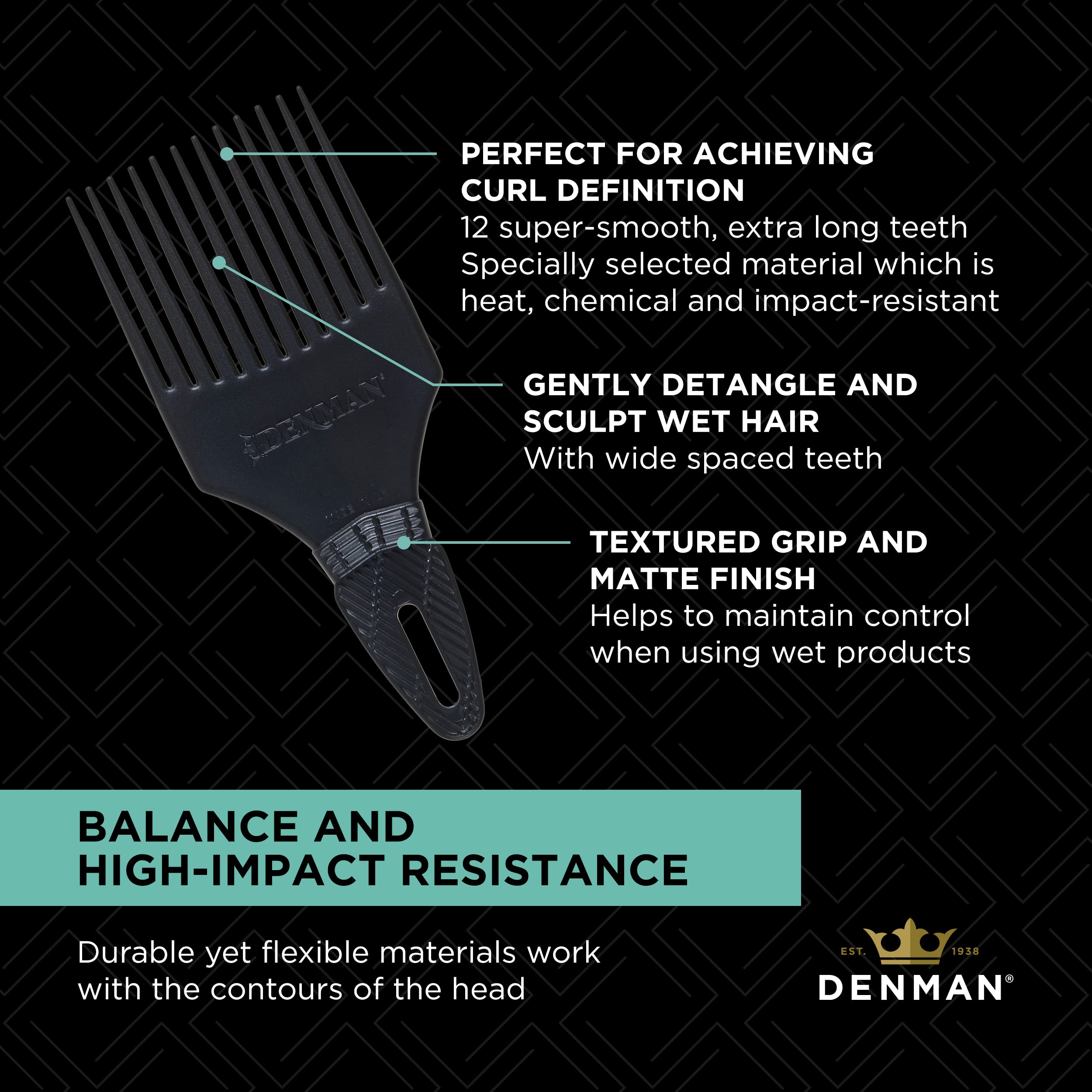 Jack Dean by Denman (Black) Curl Volumiser Comb for Separating, Styling, Defining, Enhancing & Boosting Curls (D17)