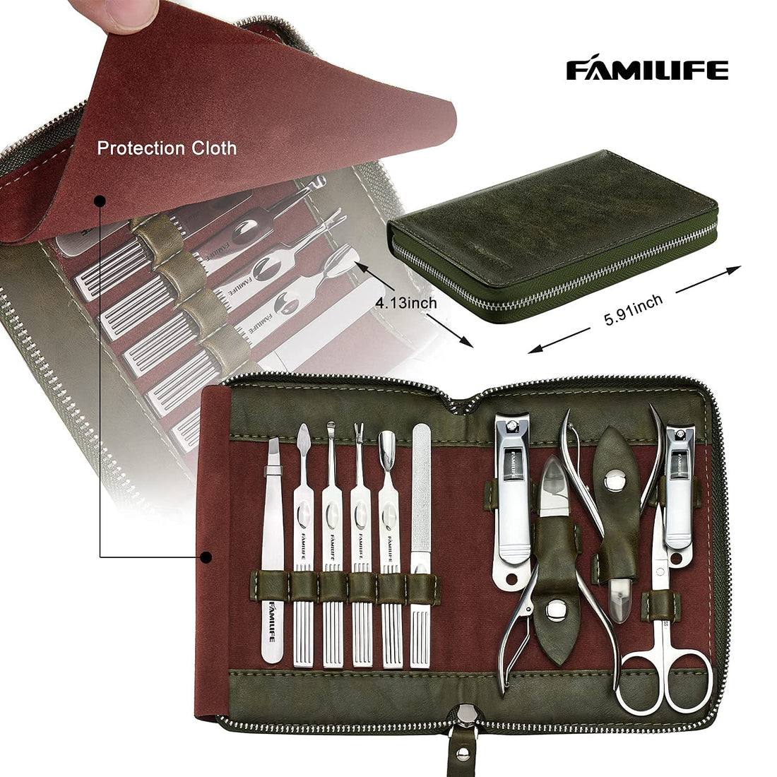FAMILIFE Manicure Set, L23 11 in 1 Stainless Steel Mens Manicure Kit Leather Pedicure Tools Kit Grooming Kit with Travel Case Box Gift For Father