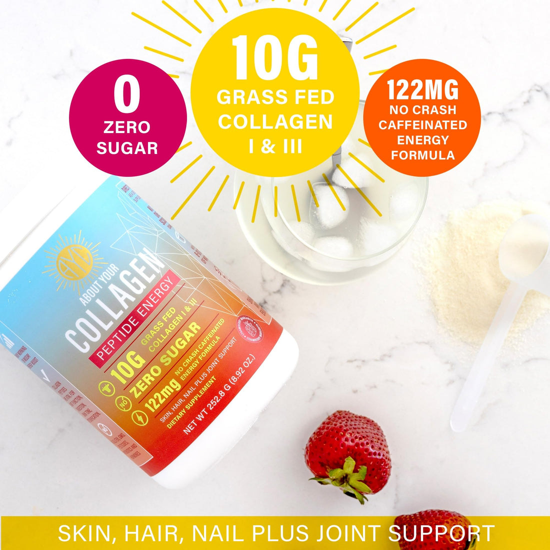 ABOUT YOUR COLLAGEN Peptide Energy Collagen Powder Hair, Nail, Skin, Type I & III,Caffeine for Energy, Vitamin C, Biotin, Hyaluronic Acid, Zero Sugar – 8.92 oz (Strawberry Margarita)