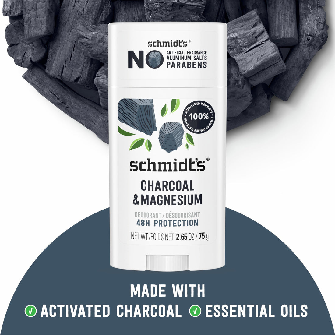 Schmidt's Aluminum-Free Vegan Deodorant Charcoal & Magnesium with 48 Hour Odor Protection, 2 Count for Women and Men, Natural Ingredients, Cruelty-Free, 2.65 oz, Pack of 2