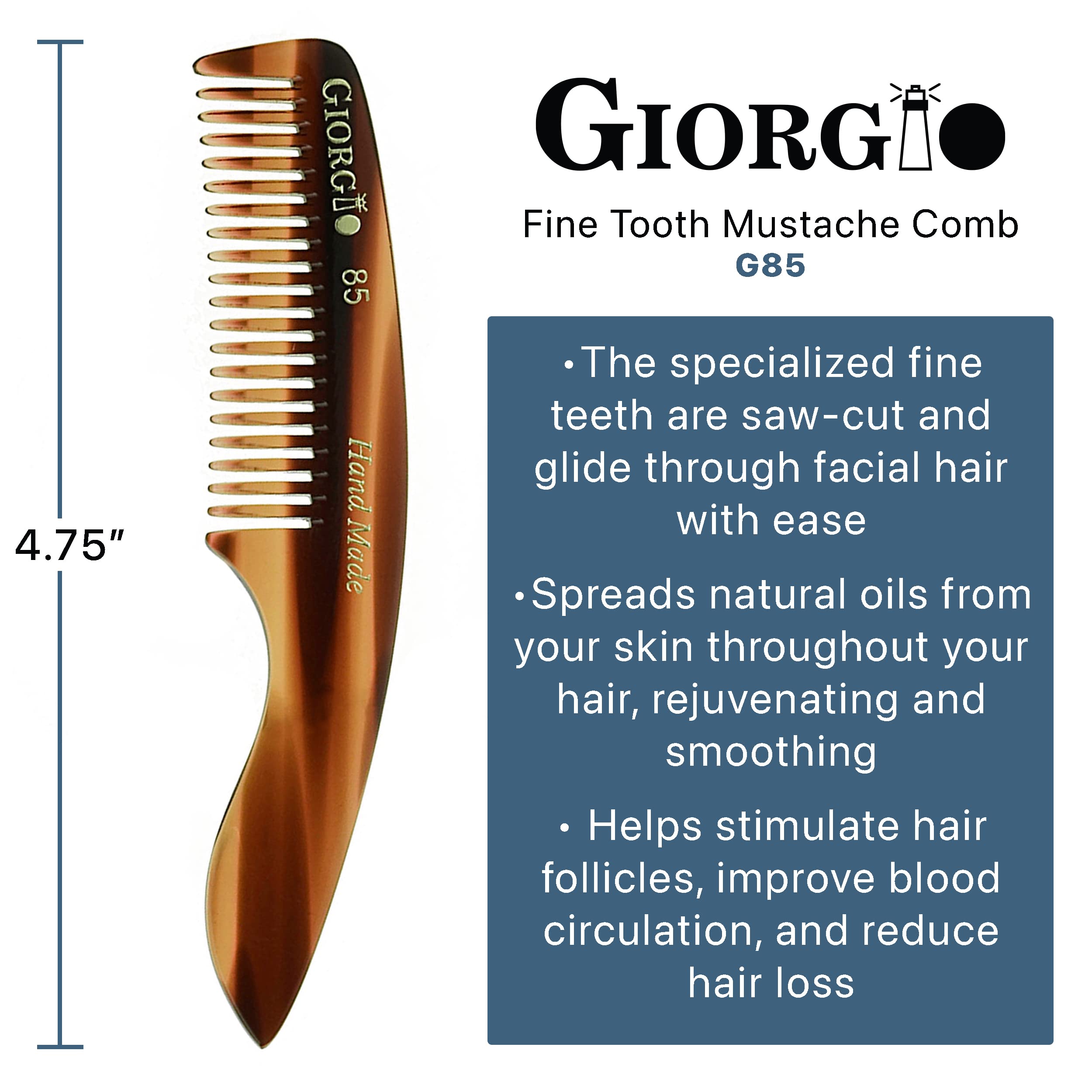 Giorgio G85 4 ¾ in 120mm, Small Men’s Fine Tooth pocket Beard & Mustache Comb for Facial hair Grooming. Hand-Made of Cellulose, saw-cut. Perfect man moustache comb. (Tortoise)