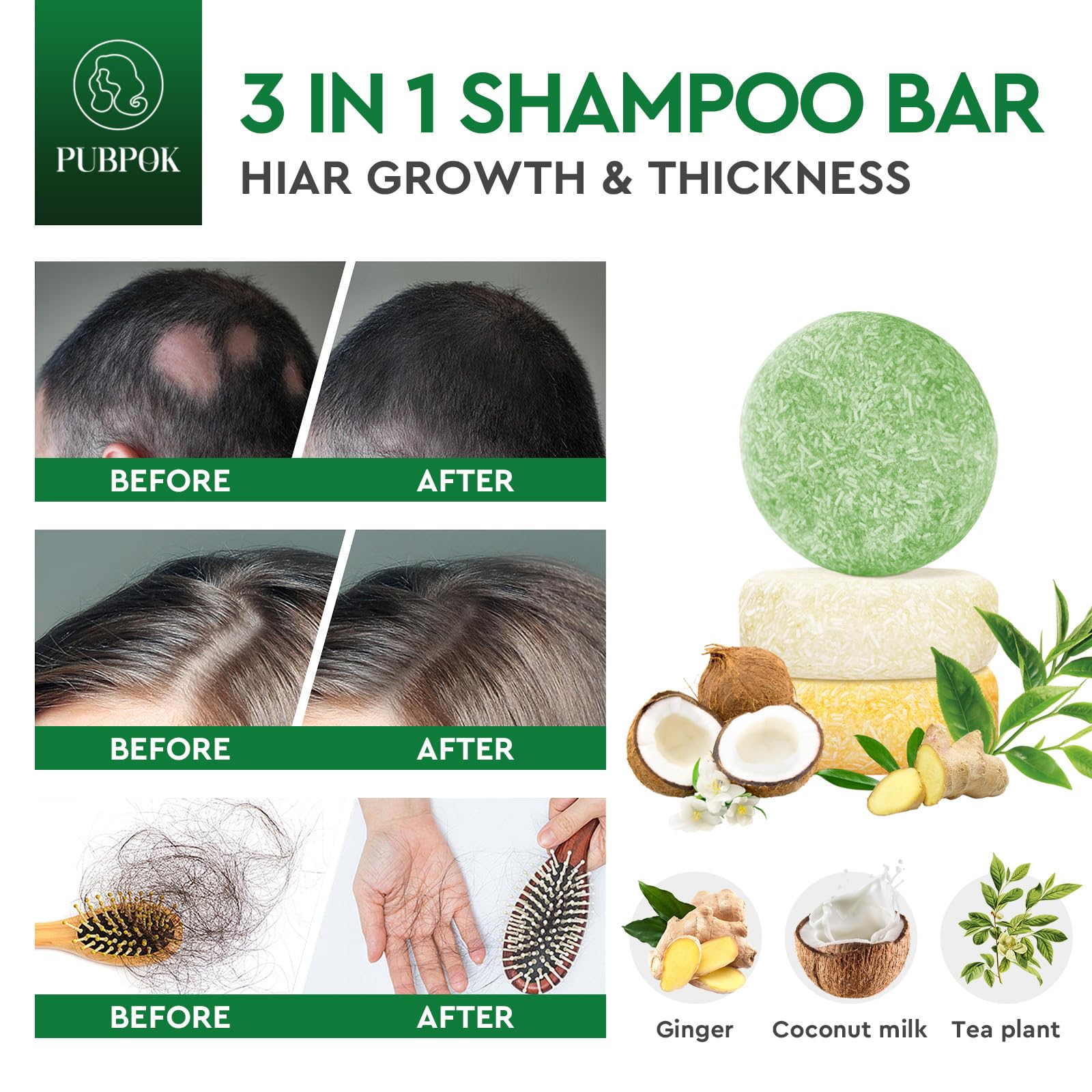 Pubpok Shampoo Bars and Conditioner Set for Hair Growth, Nature Ginger & Tea Tree Shampoo Bar, Coconut Conditioner Solid Soap for Anti Hair Loss