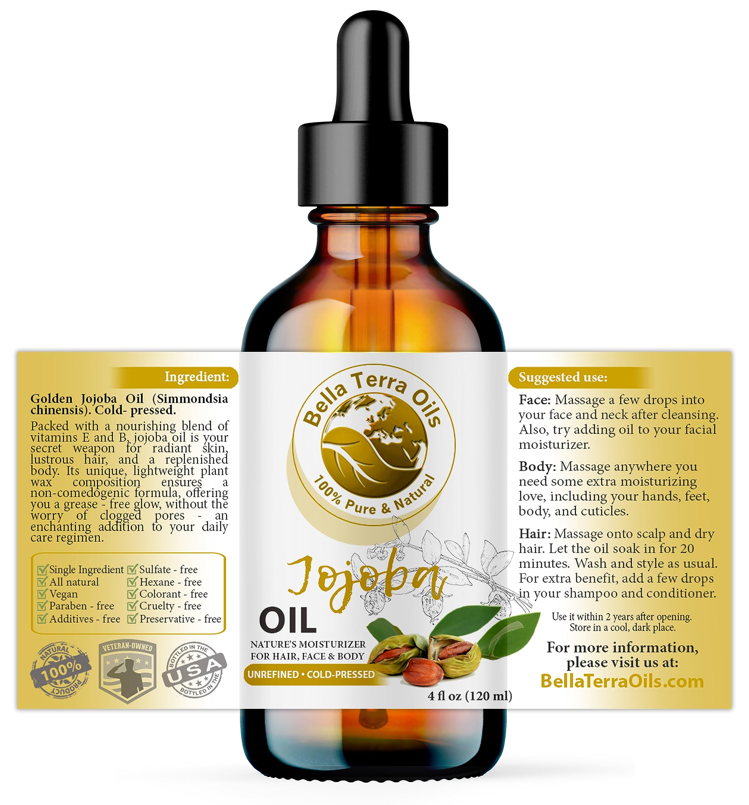 NEW Jojoba Oil. 4oz. Cold-pressed. Unrefined. Organic. 100% Pure. Anti-inflammatory. Hexane-free. Rejuvenates Skin. Softens Hair. Natural Moisturizer. For Hair, Skin, Nails, Beard, Stretch Marks.