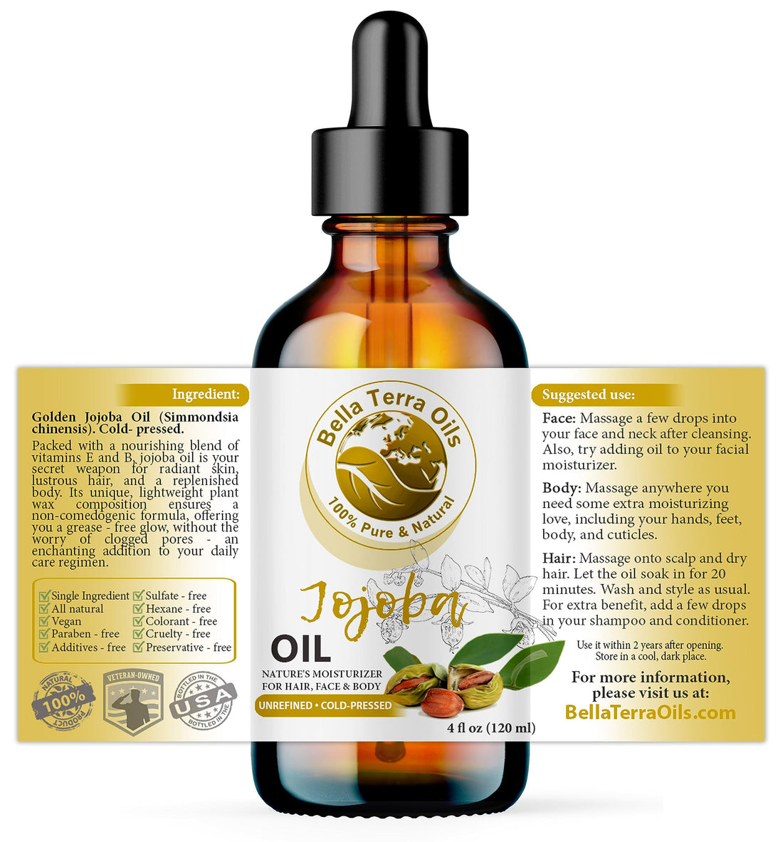 NEW Jojoba Oil. 4oz. Cold-pressed. Unrefined. Organic. 100% Pure. Anti-inflammatory. Hexane-free. Rejuvenates Skin. Softens Hair. Natural Moisturizer. For Hair, Skin, Nails, Beard, Stretch Marks.