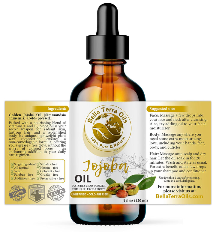 NEW Jojoba Oil. 4oz. Cold-pressed. Unrefined. Organic. 100% Pure. Anti-inflammatory. Hexane-free. Rejuvenates Skin. Softens Hair. Natural Moisturizer. For Hair, Skin, Nails, Beard, Stretch Marks.