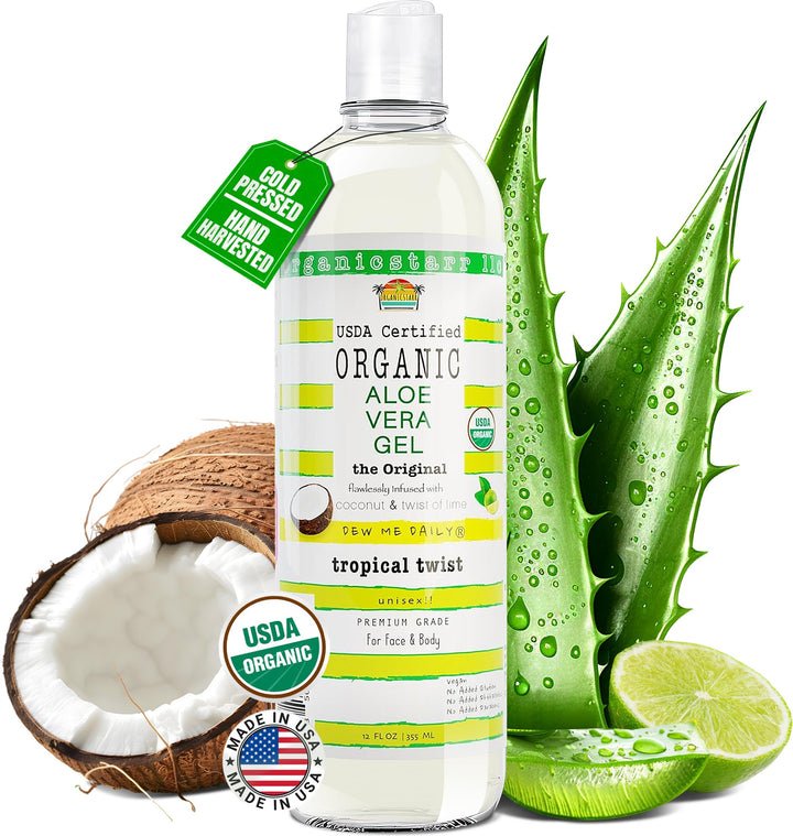 DEW ME DAILY USDA Certified Organic Aloe Vera Gel 12 oz - 100% Pure, Cold Pressed, Hand Harvested, Infused with Coconut, Lime & Verbena Essential Oils, Chemical-Free - Skin & Hair Care, Made in USA