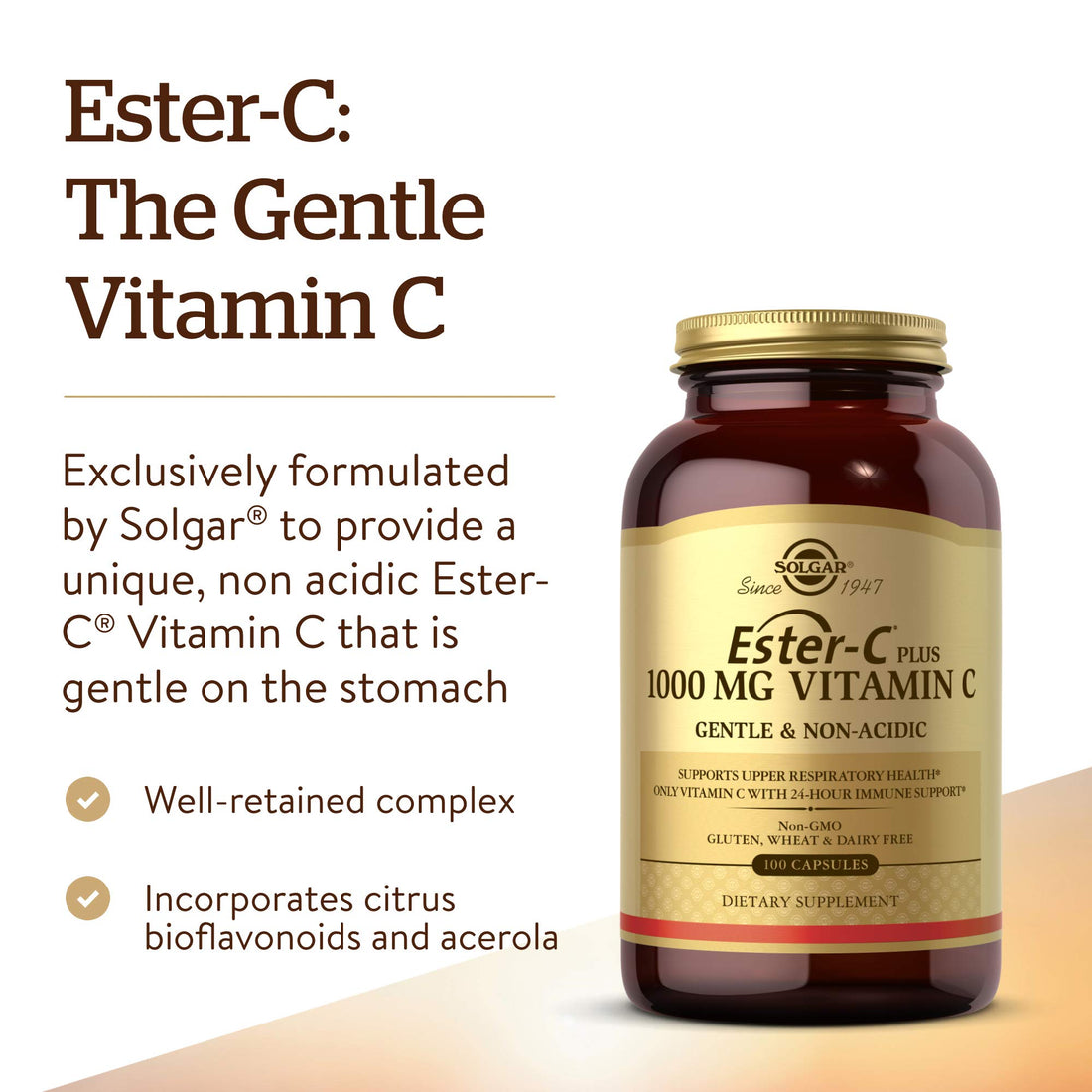 Solgar Ester-C Plus 1000 mg Vitamin C with Citrus Bioflavonoids - 100 Capsules - Gentle & Non Acidic - 24-Hour Immune Support, Supports Upper Respiratory Health - Non-GMO, Gluten Free - 100 Servings