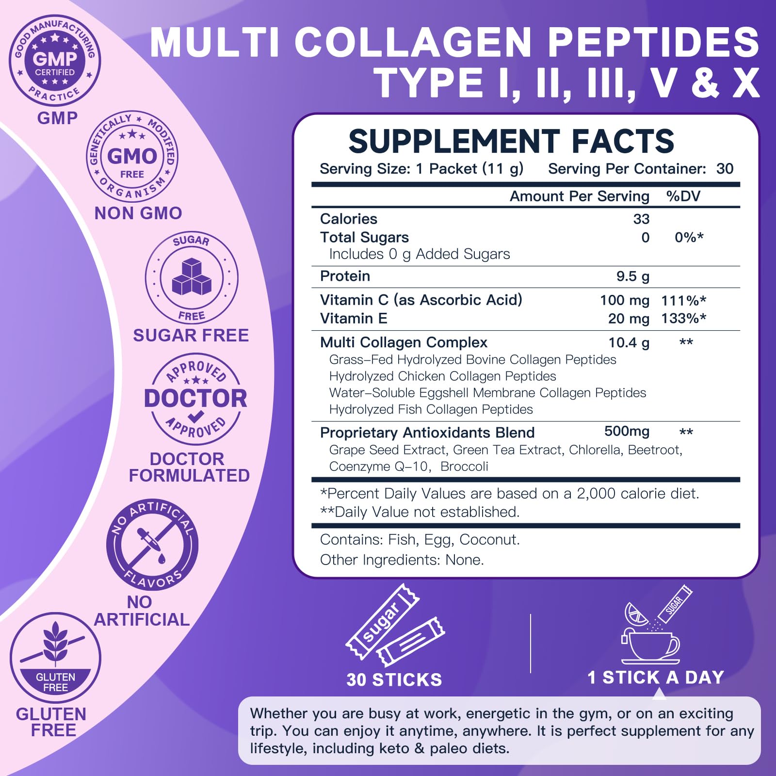 DRFOSTER Collagen-Peptides-Powder-Packets - Multi Type I II III V X Collagen for Women with Antioxidant Blend + Vitamin C & E for Skin, Hair, Nail & Joint, Non-GMO, 30 Stick Packs