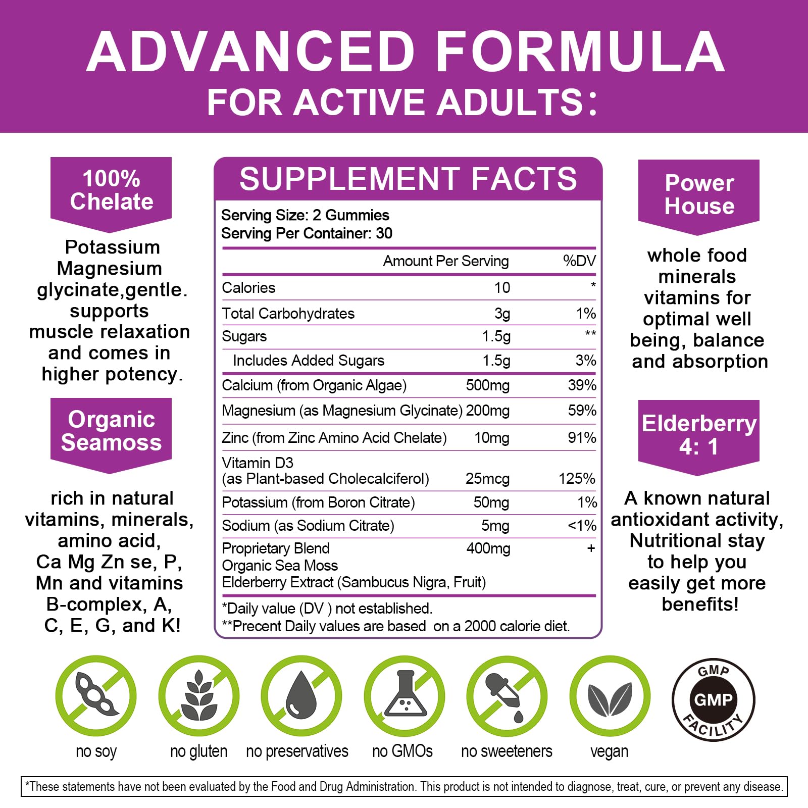 Calcium Magnesium Zinc Gummies with High Absorption Magnesium Glycinate 200mg, Potassium -Plant Calcium Supplement w/ D3 & Sea Moss for Bone, Muscles, Calm Mood & Sleep Support- Kids & adults (2 Pack)