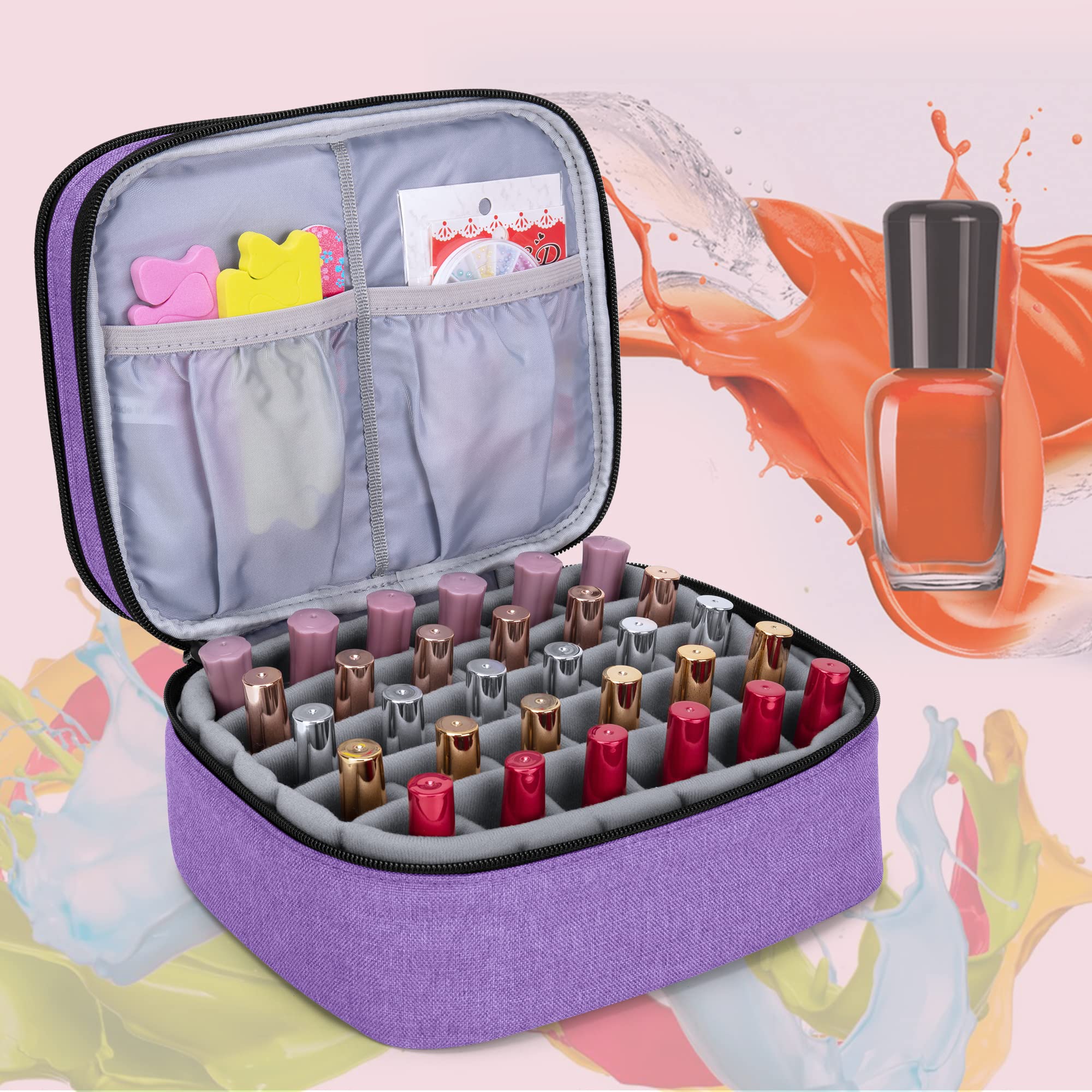LUXJA Nail Polish Carrying Case - Holds 30 Bottles (15ml - 0.5 fl.oz), Double-layer Organizer for Nail Polish and Manicure Set, Purple (Bag Only)