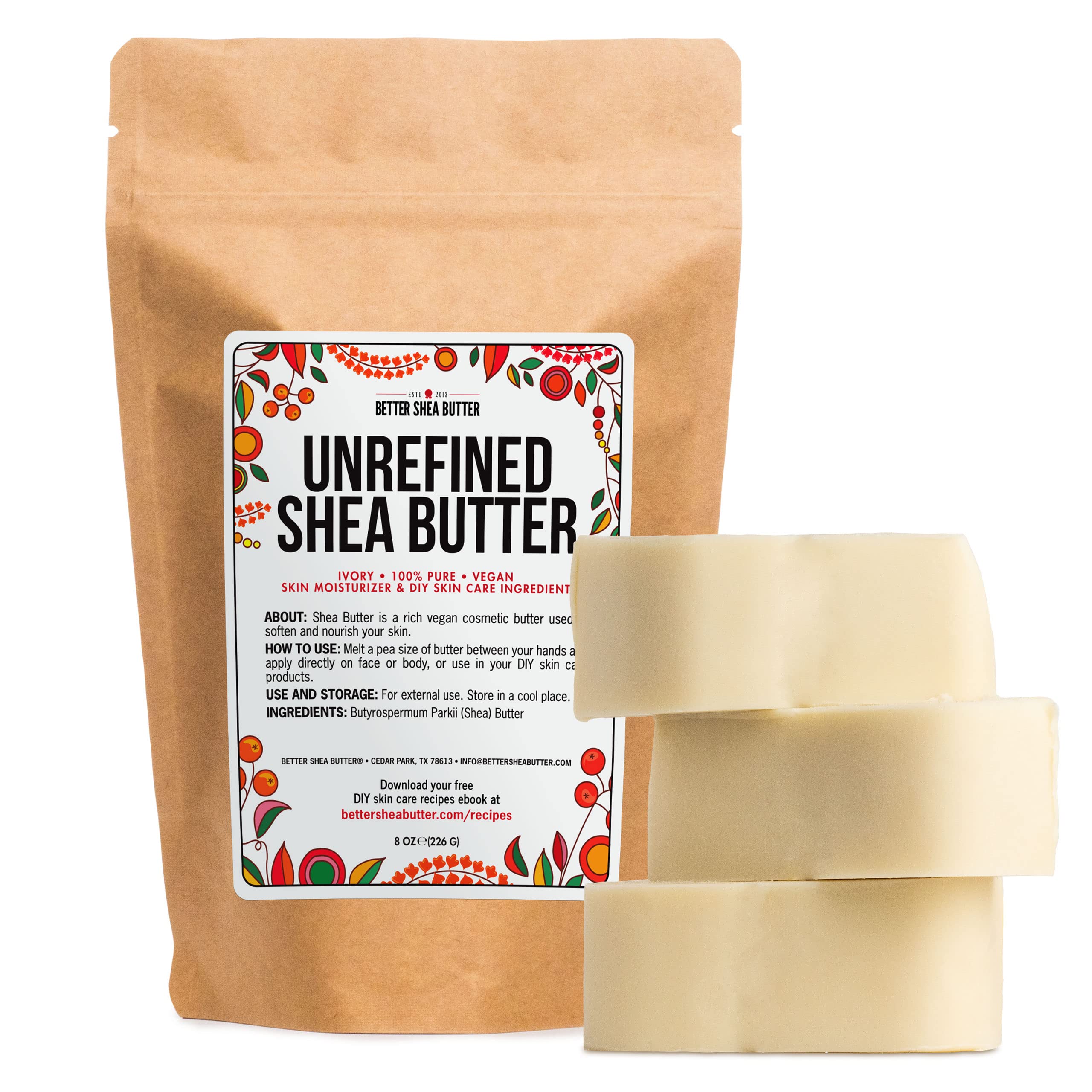 Raw Shea Butter - 100% Pure African Unrefined Shea Butter for Hair | Skin Moisturizer for Face and Body | Use for Soap Base, DIY Whipped Lotion, Lip Balm - 8 oz Block