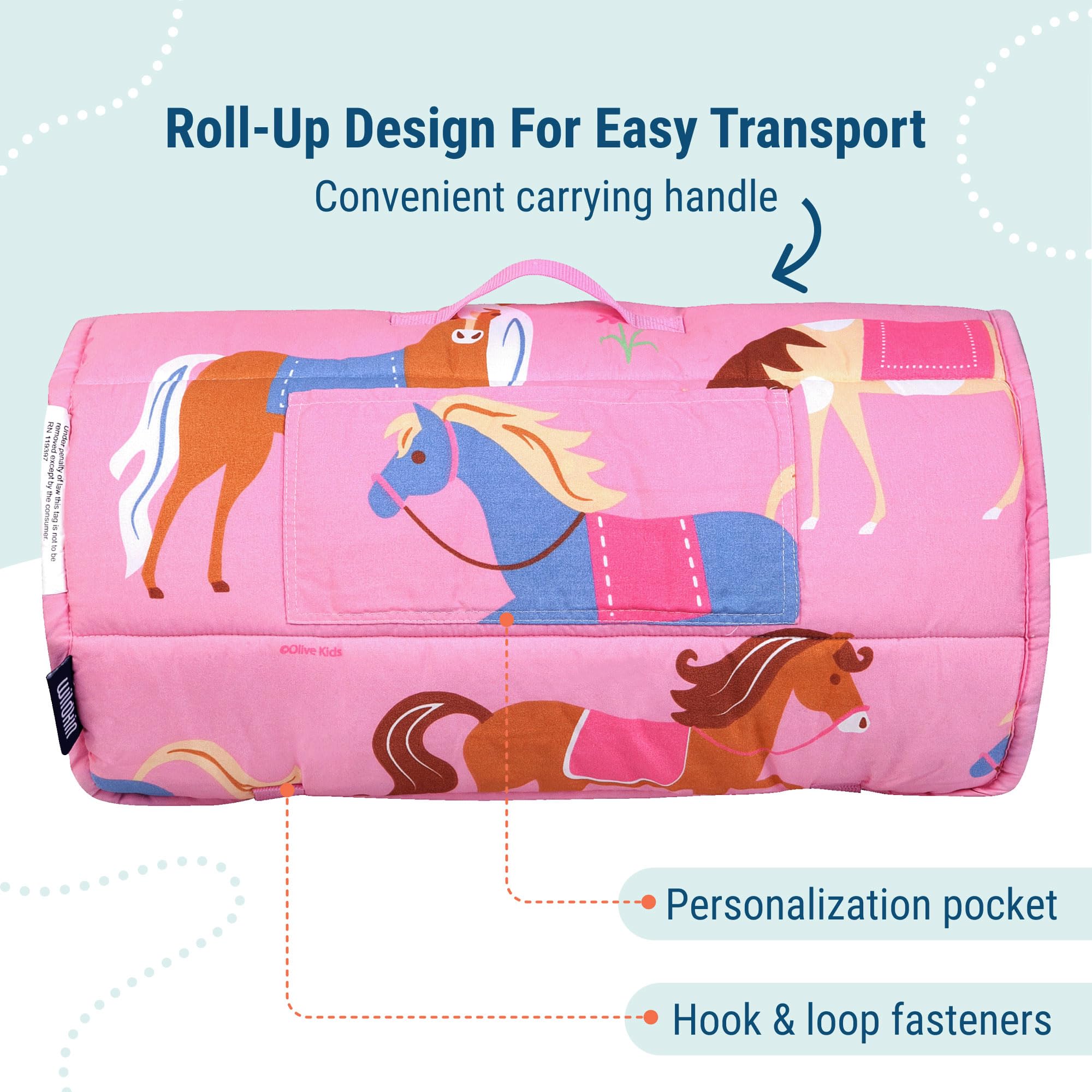 Wildkin Kids Microfiber Nap Mat – Soft Sleep Mat with Pillow, Ideal for School & Travel - Horses