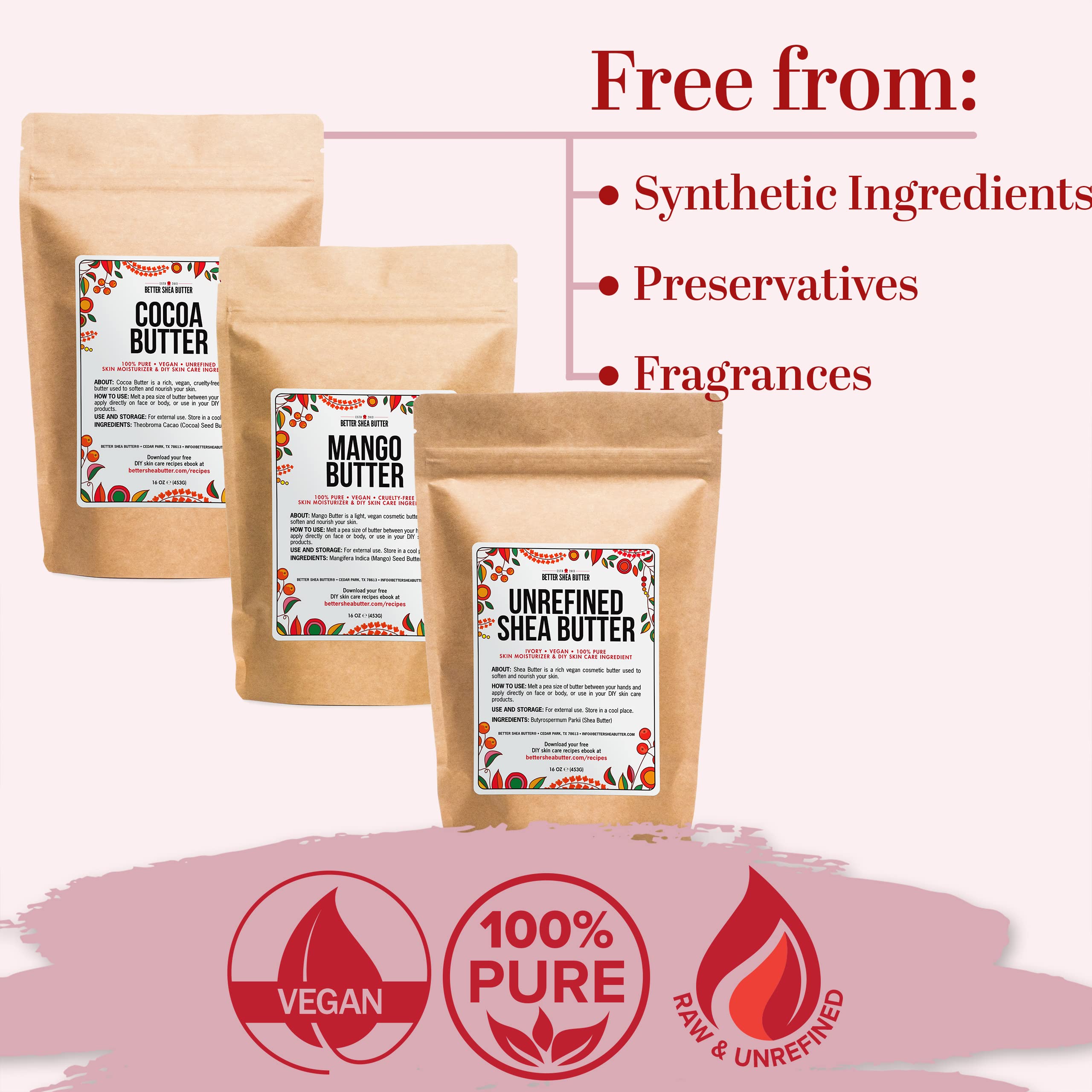 Better Shea Butter Set of Raw Shea Butter, Raw Mango Butter, Unrefined Cocoa Butter For Soap Making and DIY Body Butters, Lip Balms, Body Lotions - Each Butter is 16 oz Making 48 oz Total (3-Pack Set)