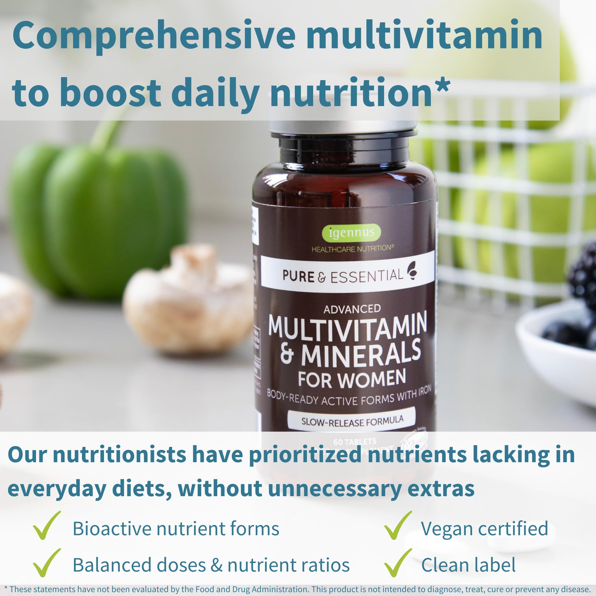 Igennus Methylated Women's Multivitamin, Methylated Folate for MTHFR, Clean Label & Sustained Release, with Iron, Non-GMO, Halal, 180 Vegan Tablets