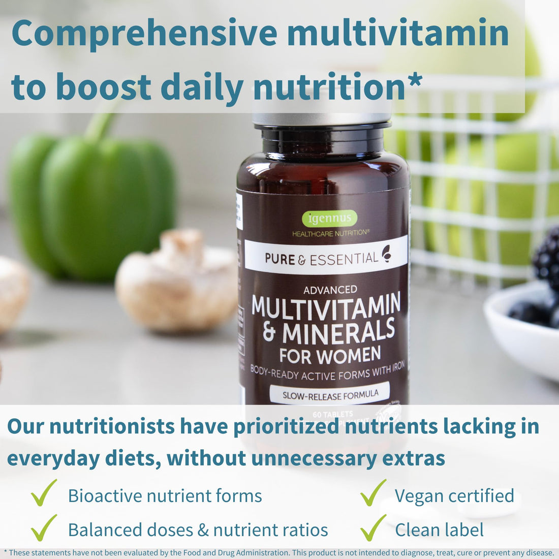 Igennus Methylated Women's Multivitamin, Methylated Folate for MTHFR, Clean Label & Sustained Release, with Iron, Non-GMO, Halal, 180 Vegan Tablets