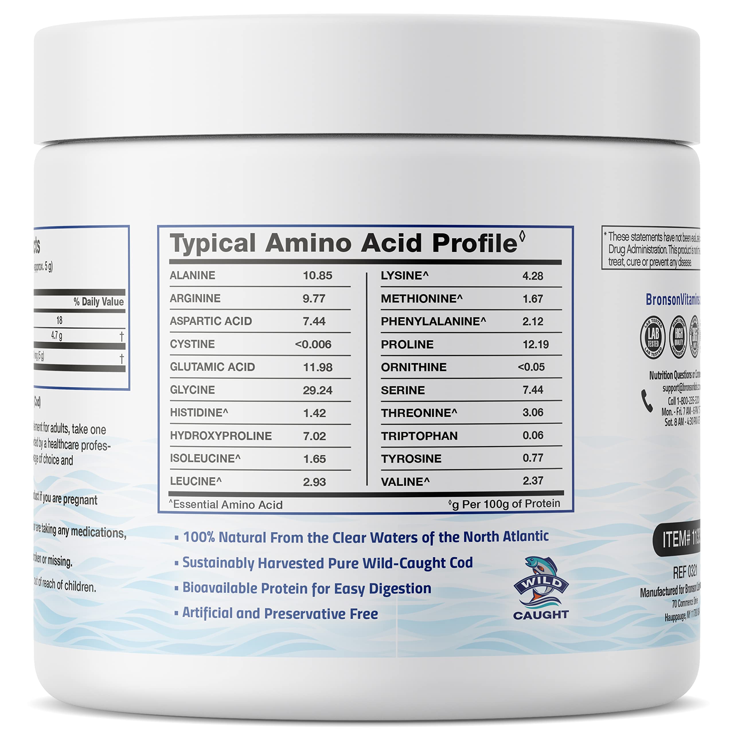 Bronson Marine Collagen Peptides Hydrolyzed Protein Powder 100% Wild Caught Nordic Cod Verified Sustainable Source for Joints Skin Hair Nails & Bones 150g (5.29oz)