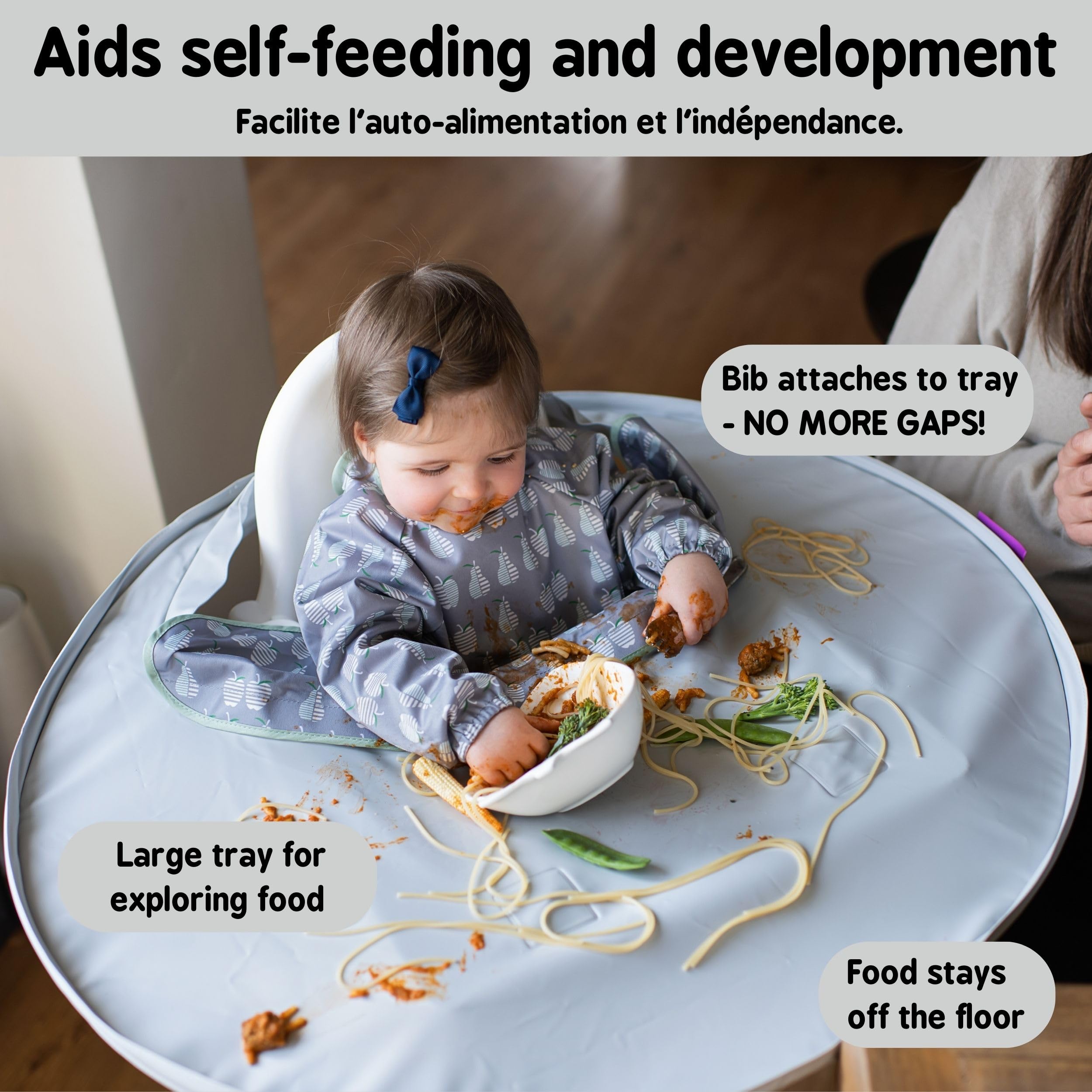 Tidy Tot- Baby Bib & Tray Kit - Mess Proof Long Sleeve Smock Attaches to Feeding Mat - Waterproof Bib – Machine Washable. Fits Babies and Toddlers 6-24 months - Grey