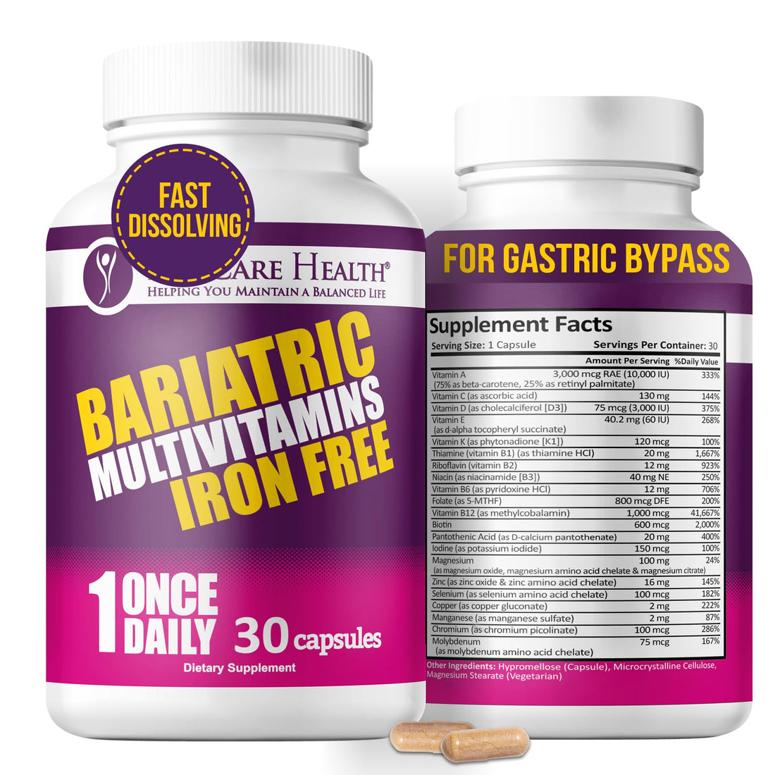 Procare Health Bariatric Multivitamin with Iron Free (30 Fast Dissolving Veggie Capsule) - Bariatric Vitamins for Gastric Sleeve & Gastric Bypass, Bariatric Multivitamin Without Iron (1 Month Supply)*