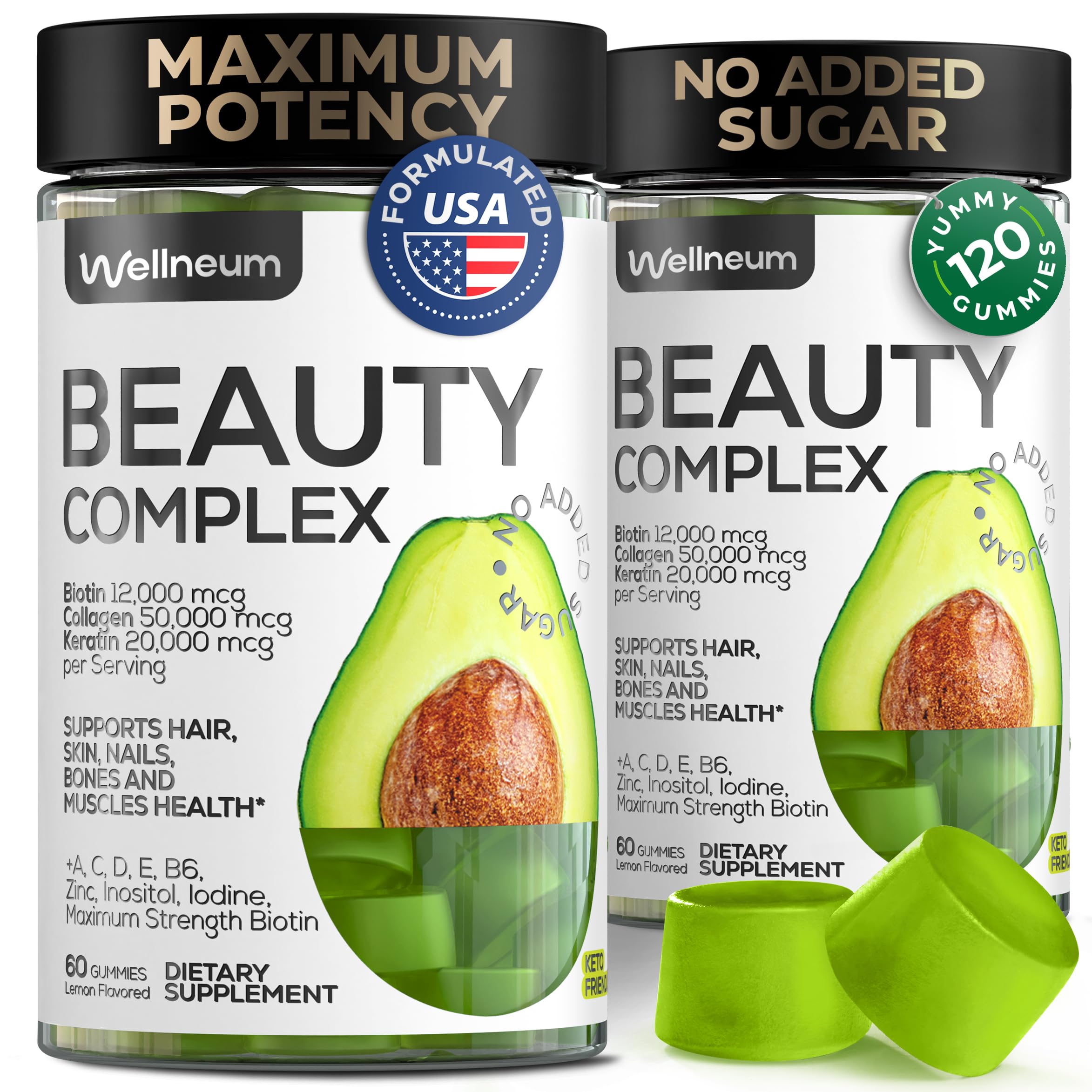 Biotin and Collagen Peptide Gummies for Hair Growth, Skin and Nails 12000 Mcg - Biotin Chewables with Keratin Max Strength - Beauty Gummies for Women and Men - Sugar Free, Non-GMO Gummy Supplement