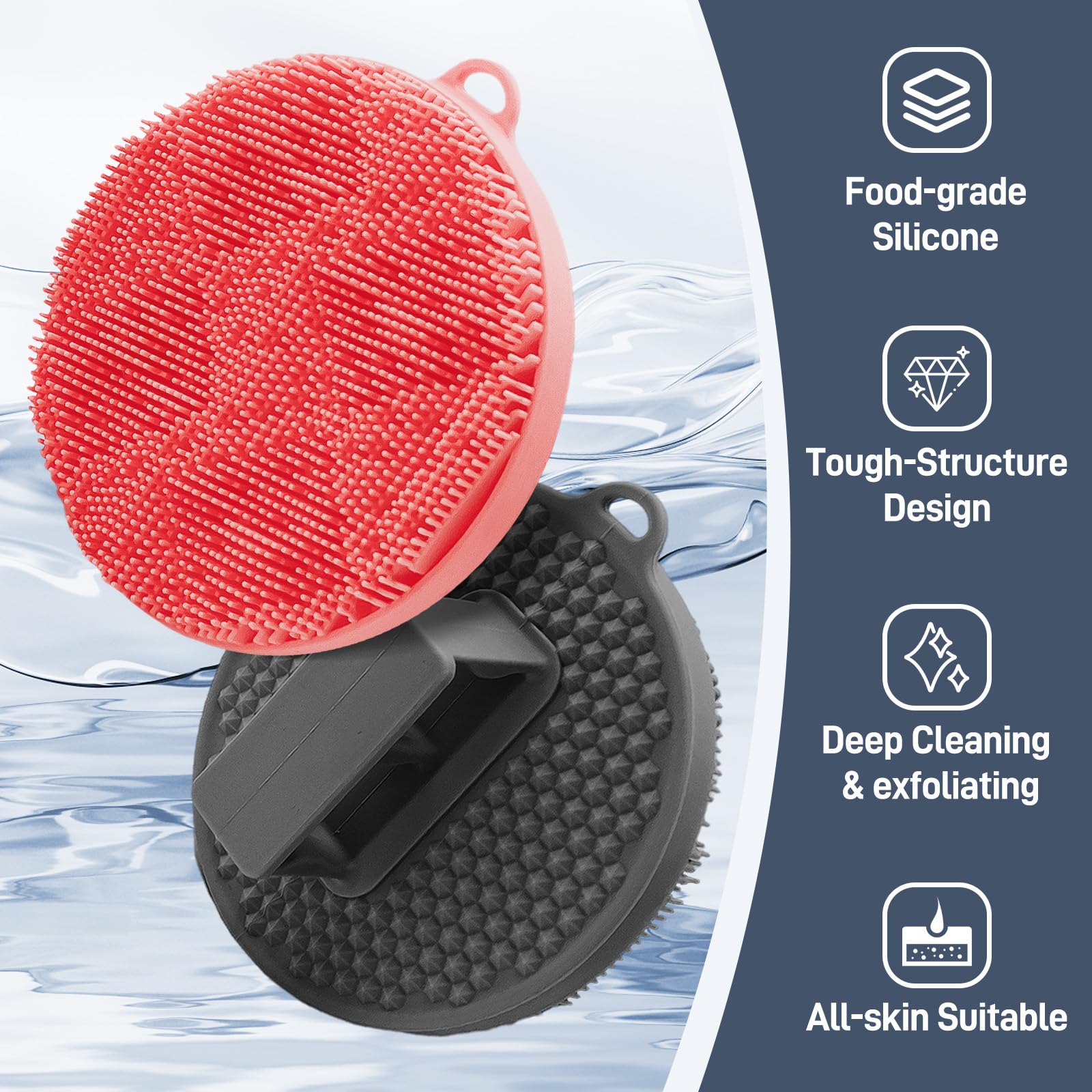 GEENOA Silicone Body Scrubber 2PCS, Durable Silicone Loofah with Waved Bristles and Non-Slip Handle, Hygienic Body Buffer Shower Scrubber for Gentle Exfoliating & Lathering(Black+Pink)