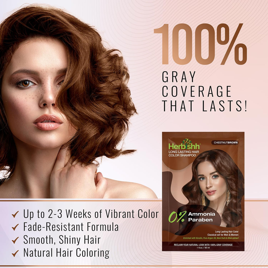 Herbishh Travel Pack Hair Dye Color Shampoo in Sachet + 1pc Argan Hair Mask Sachet (Chestnut brown, 2 sachets)